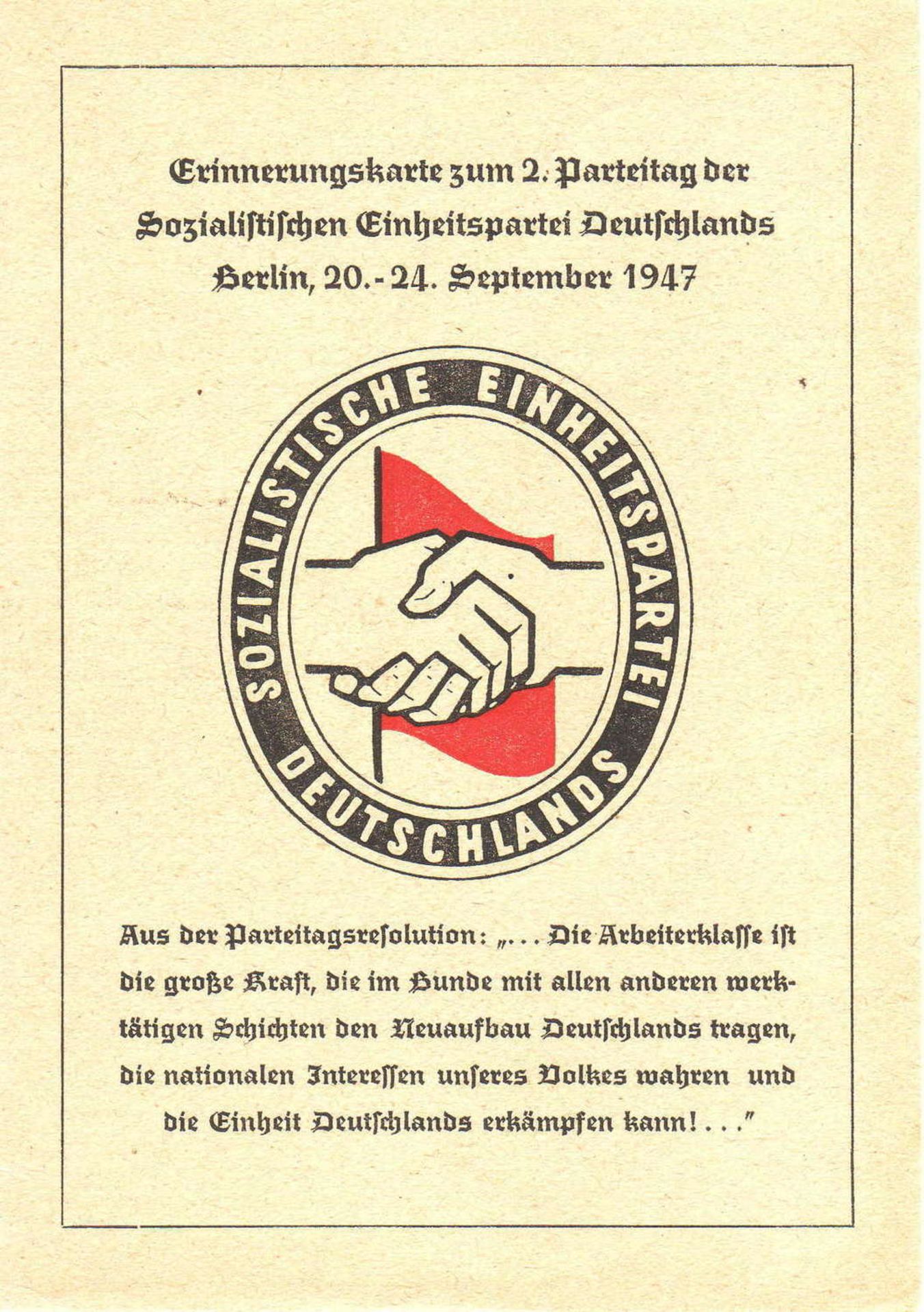 SBZ, propaganda card "Remembrance for the 2nd Party Congress of the Socialist Unity Party Berlin