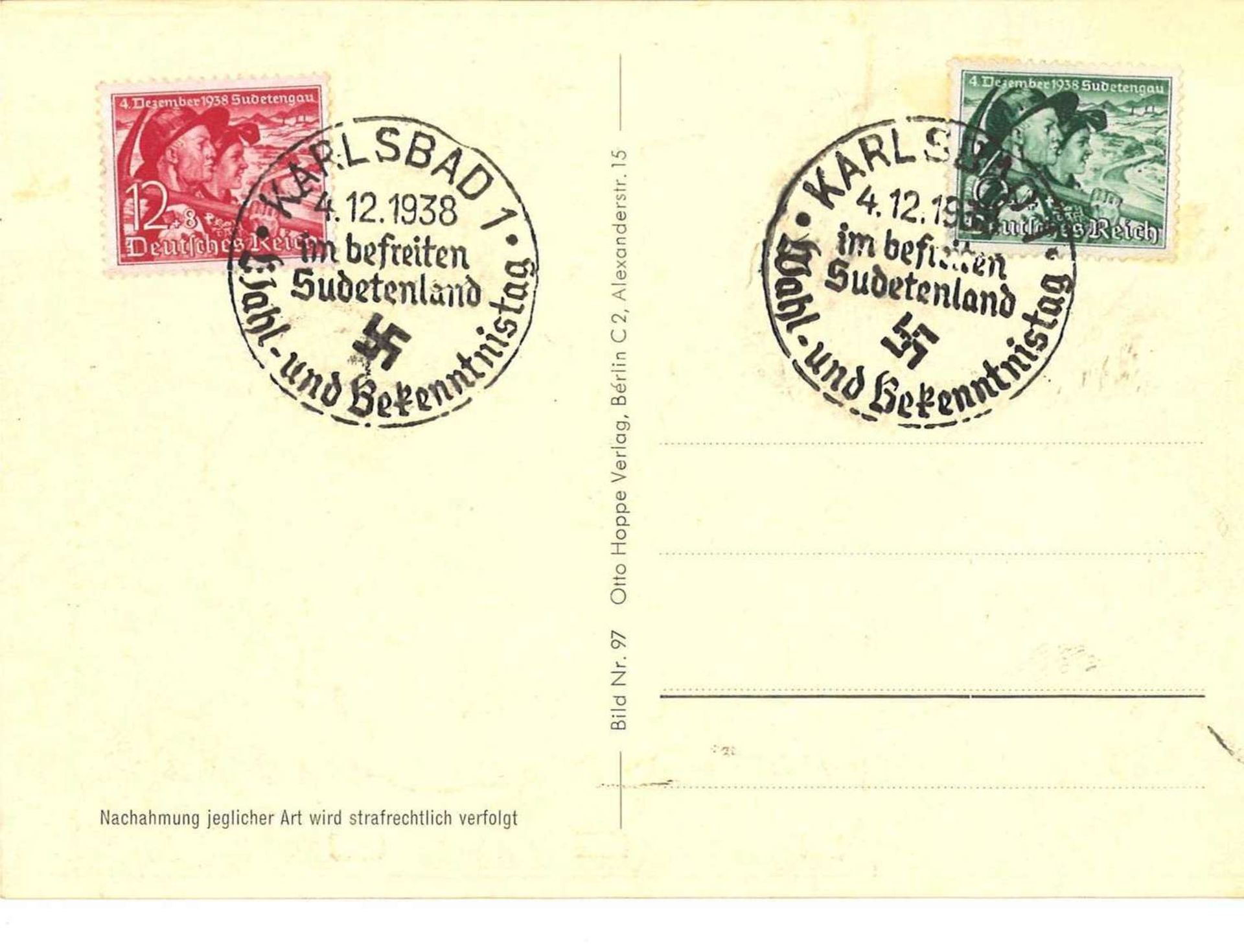 Deutsches Reich, Propaganda Postkarte, Ein Volk, ein Reich ...... Mit Sonderstempel Karlsbad im - Bild 2 aus 2