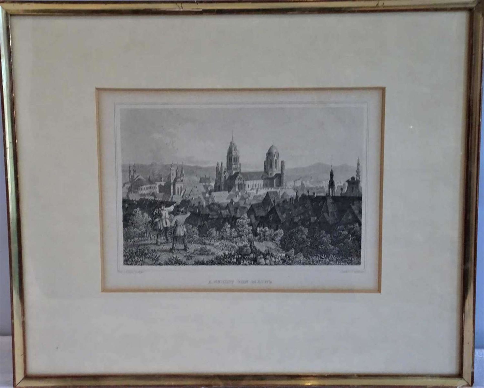 Edouard Willmann (1820-1877), Stahlstich "Ansicht von Mainz". Gez. v. Julius Lange. Hinter Glas