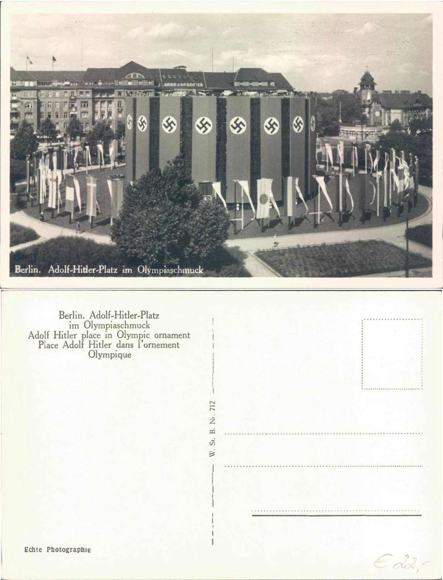 Postkarte Berlin. Adolf - Hitler - Platz im Olympiaschmuck.. Sehr selten.