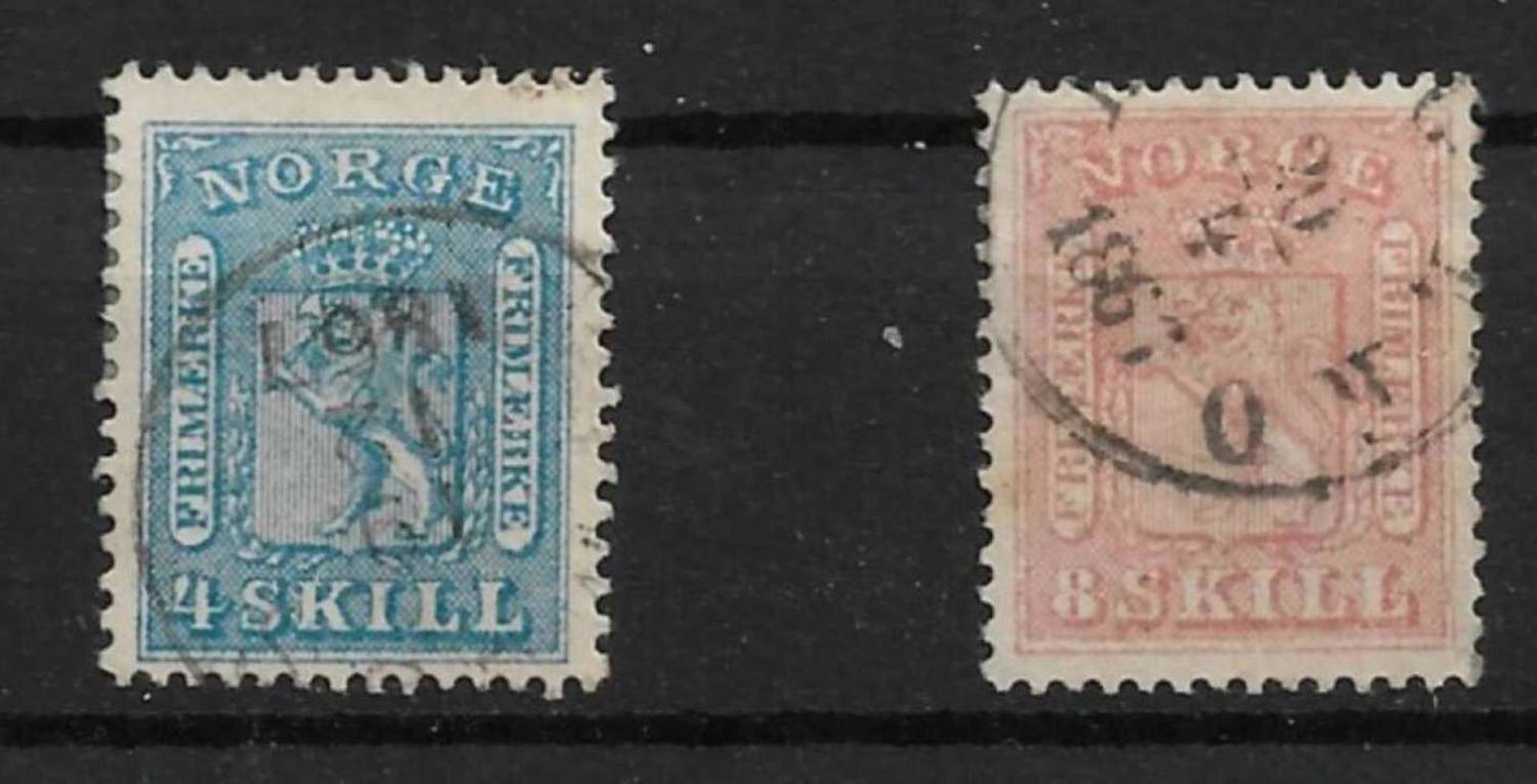 Norwegen 1863, MI Nr. 8 + 9, Freimarken Wappen, gestempeltNorway 1863, MI No. 8 + 9, postage stamp