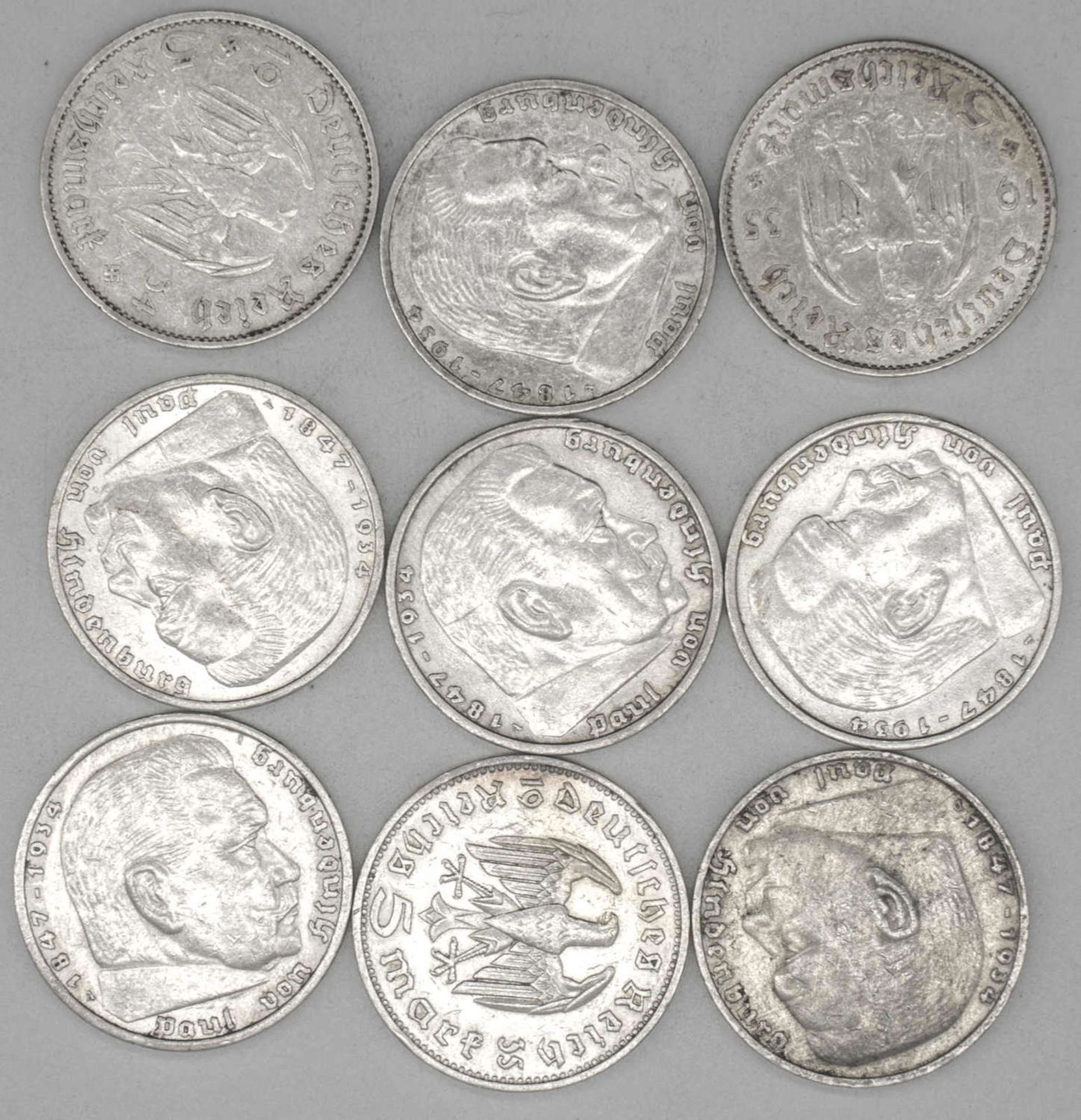 Deutsches Reich 1934/38, Lot 5.- Reichsmark - Silbermünzen "Hindenburg", 4 x 1935 A, 2 x 1935 D, 1 x