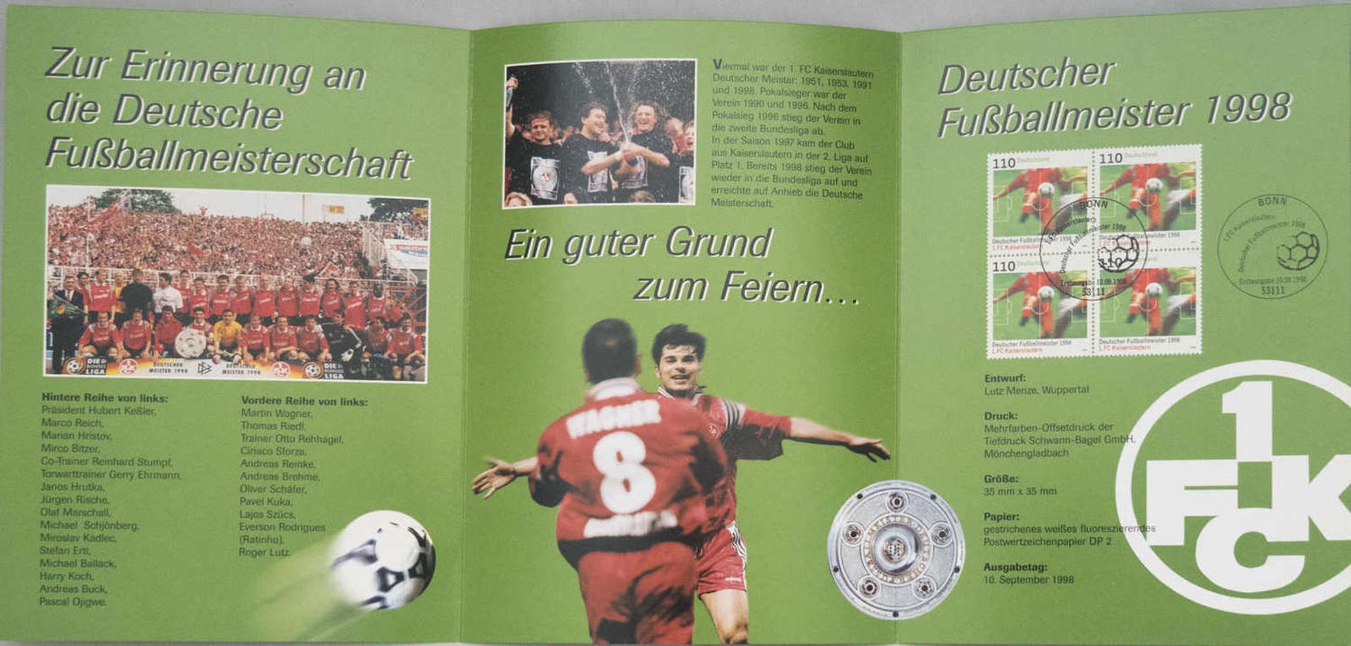 Erinnerungsblatt Deutscher Fußballmeister 1998 1. FC Kaiserslautern.