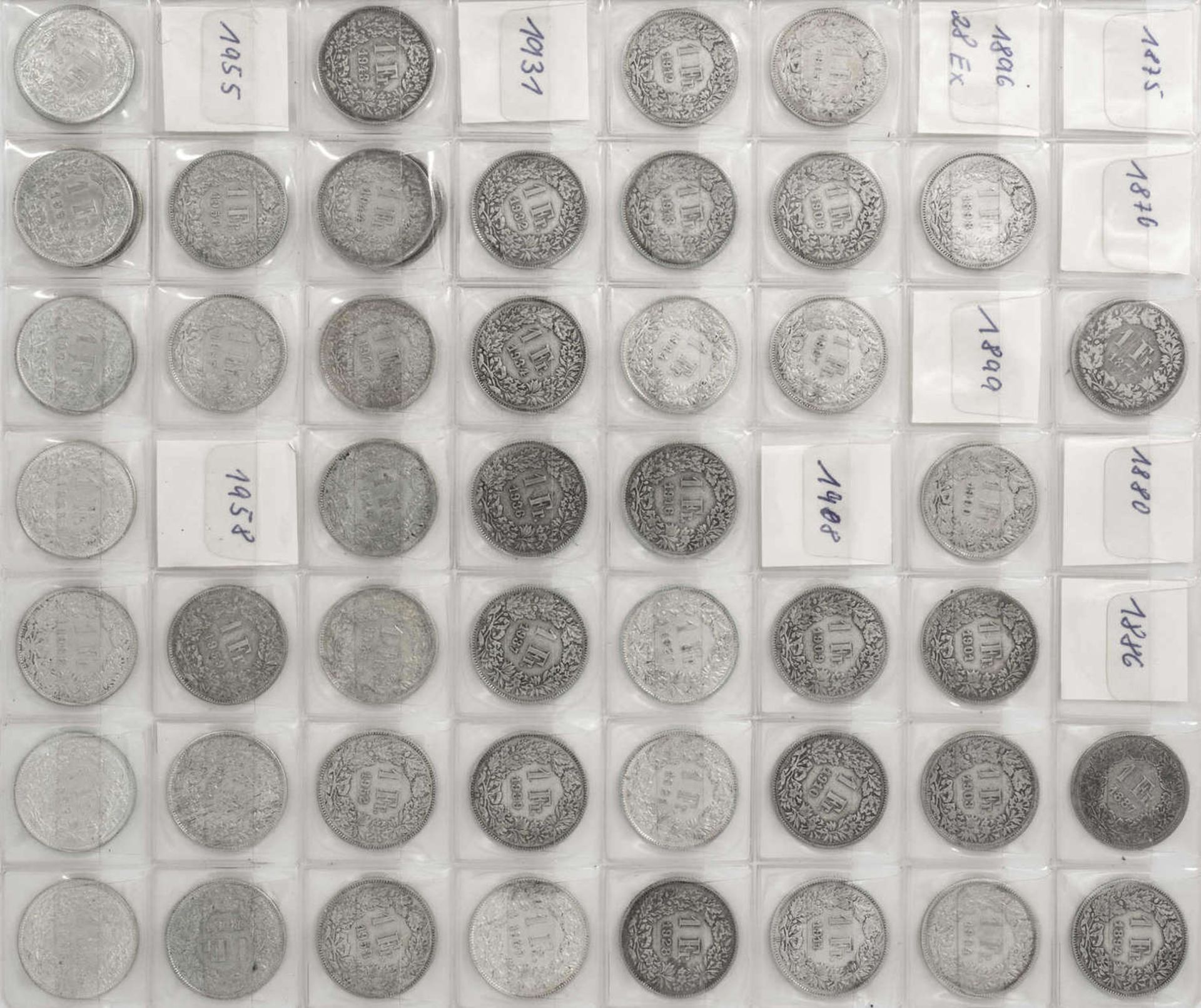 Schweiz 1877/1967, Sammlung 1 Franken - Münzen von 1877 bis 1967. Insgesamt 48 Stück. Erhaltung: