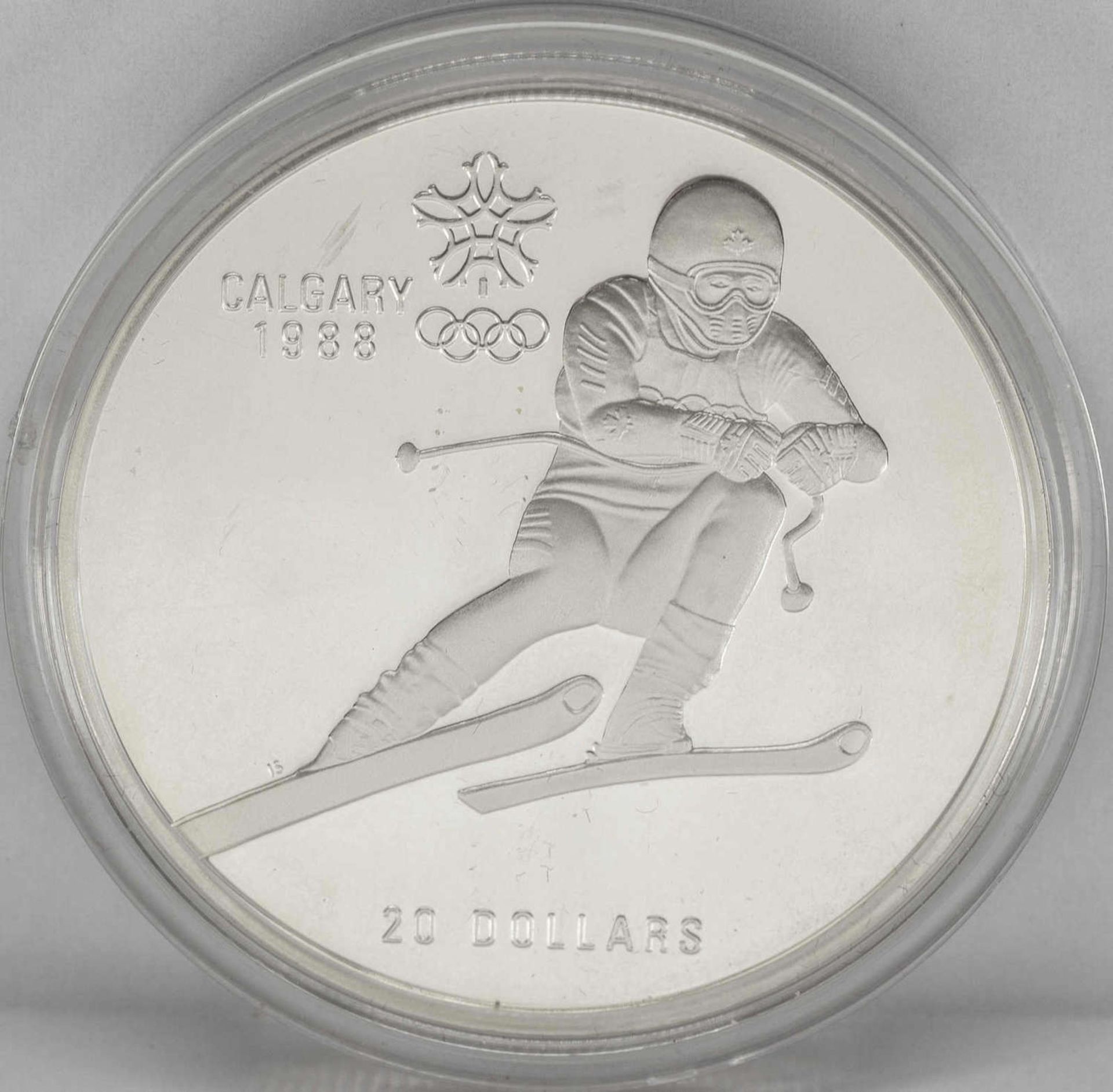 Kanada 1987, 20.- Dollars - Silbermünze "Olympische Spiele 1988 Calgary" - Abfahrtslauf . Silber