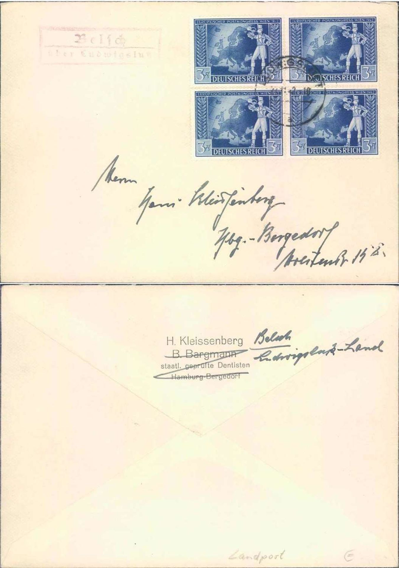Deutsches Reich, Brief mit Mi. - Nr. 820 4er Block als MeF mit Landpoststelle Belsch.