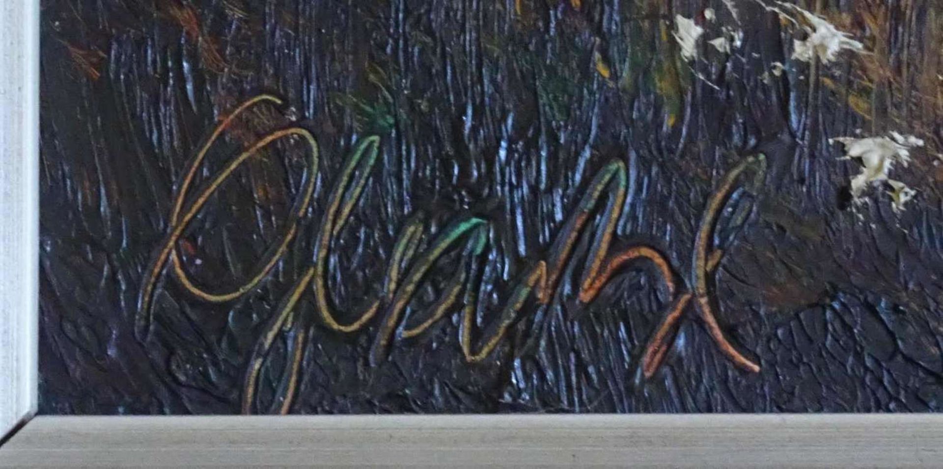 Glas, Ölgemälde auf Platte, "Ramsau", links unten Signatur. Gerahmt, Rahmen beschädigt. Maße mit - Bild 2 aus 2