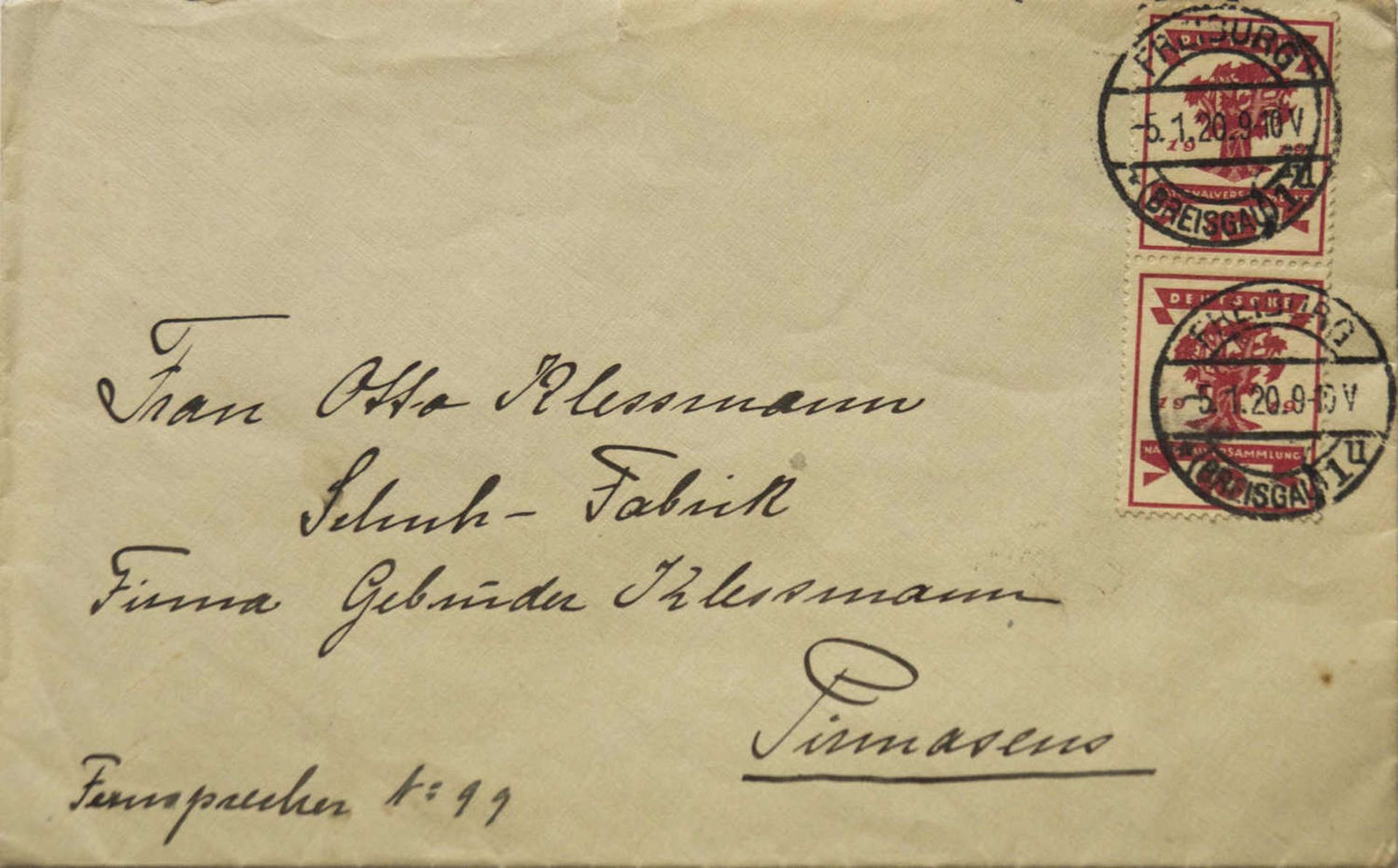 Deutsches Reich, Brief mit Mi. - Nr. 107 als MeF von Freiburg nach Pirmasens.