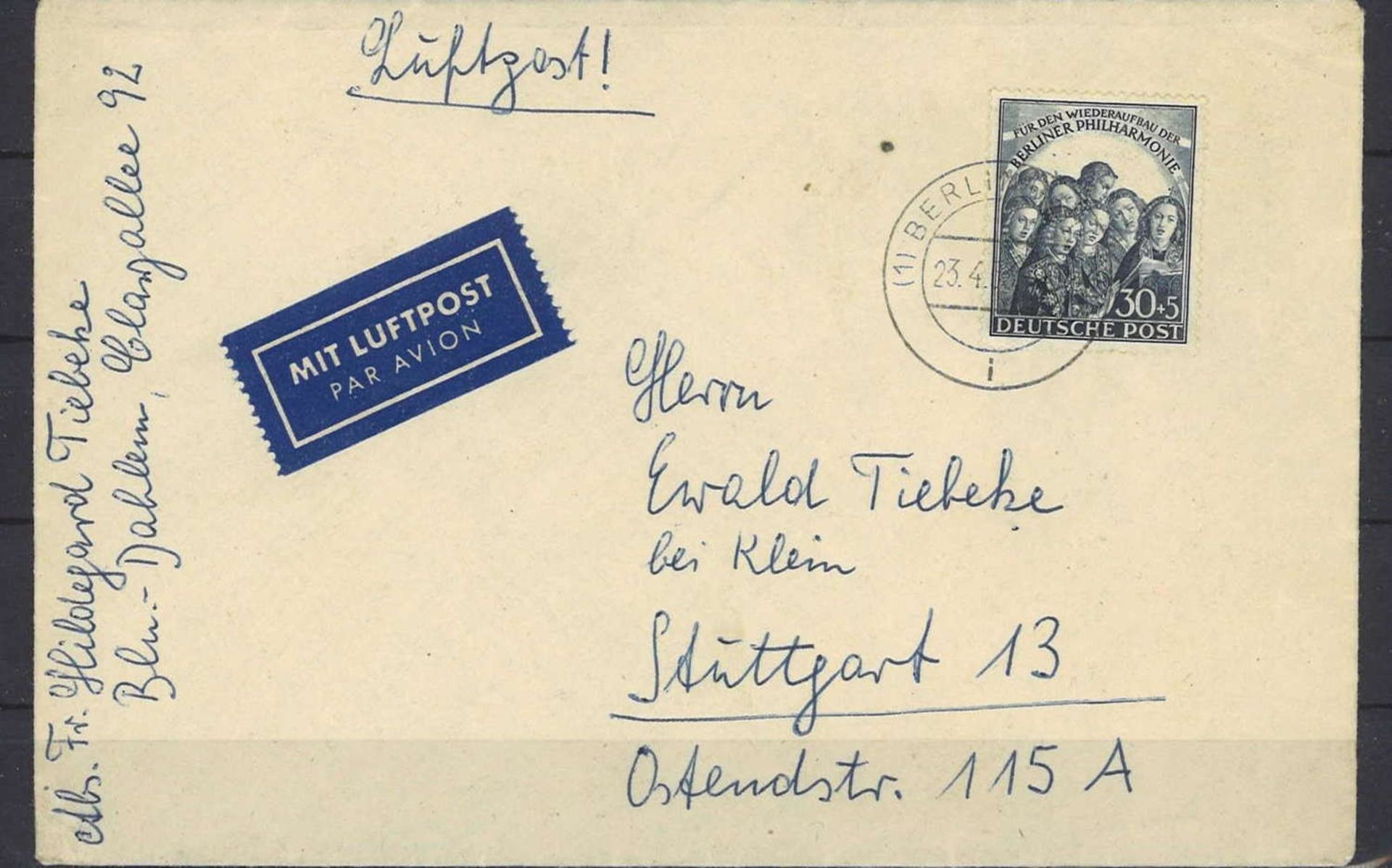 Berlin 1950, EF, Luftpost. Michel Nr. 73, Katalog Preis 320 EuroBerlin 1950, EF, airmail. Michel No.