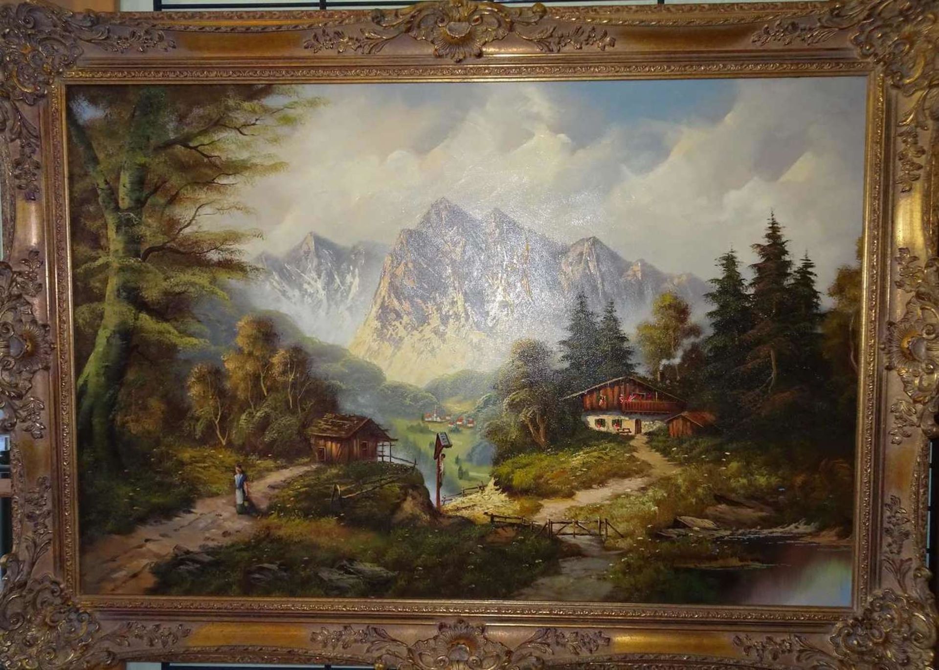 unbekannter Künstler, Ölgemälde auf Leinwand, "Bauernhaus im Hochgebirge mit Marterl", feiner