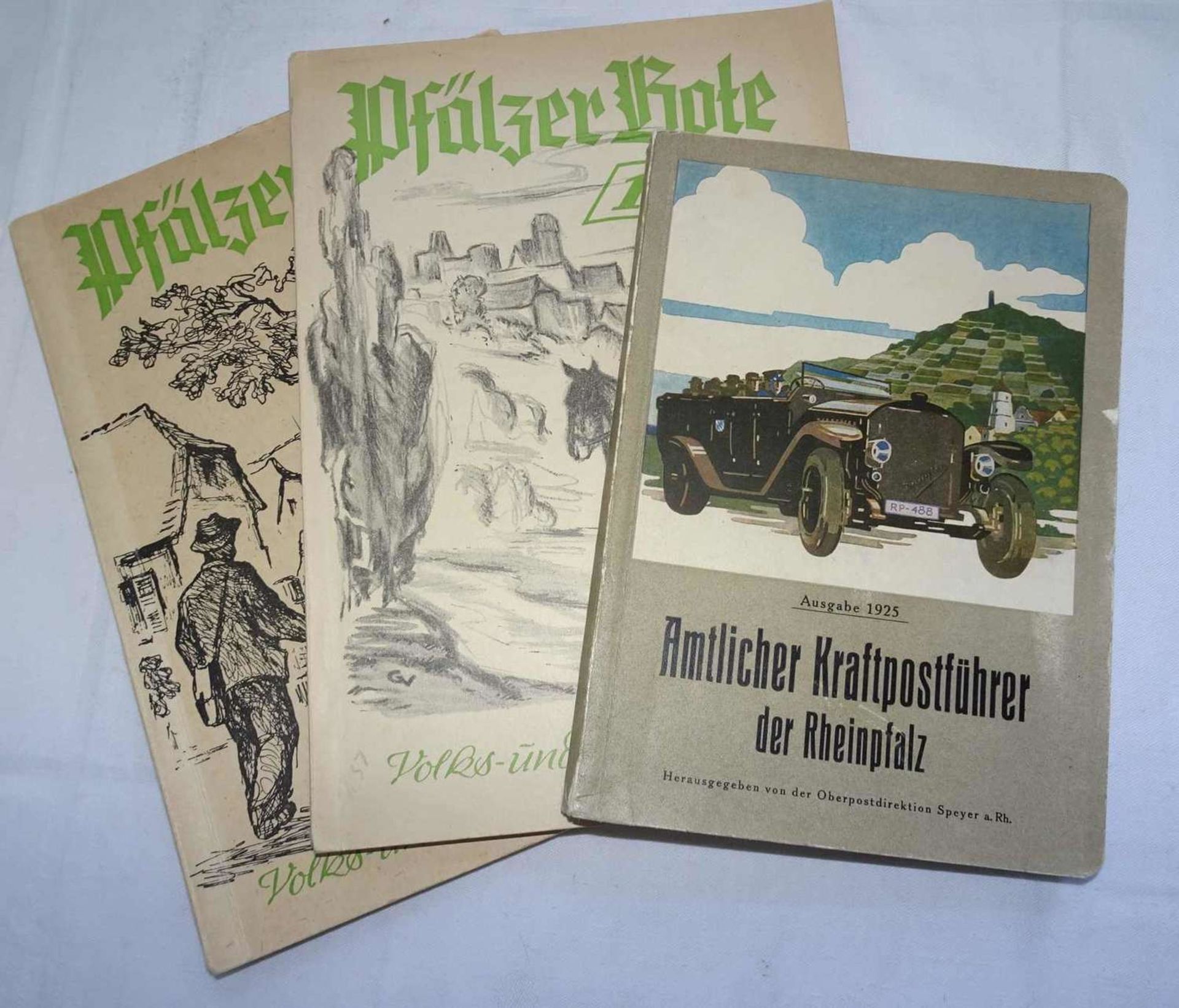 3 Bücher Pfalz, dabei amtlicher Kraftpostführer der Rheinpfalz, Ausgabe 1925, sowie 2x der "