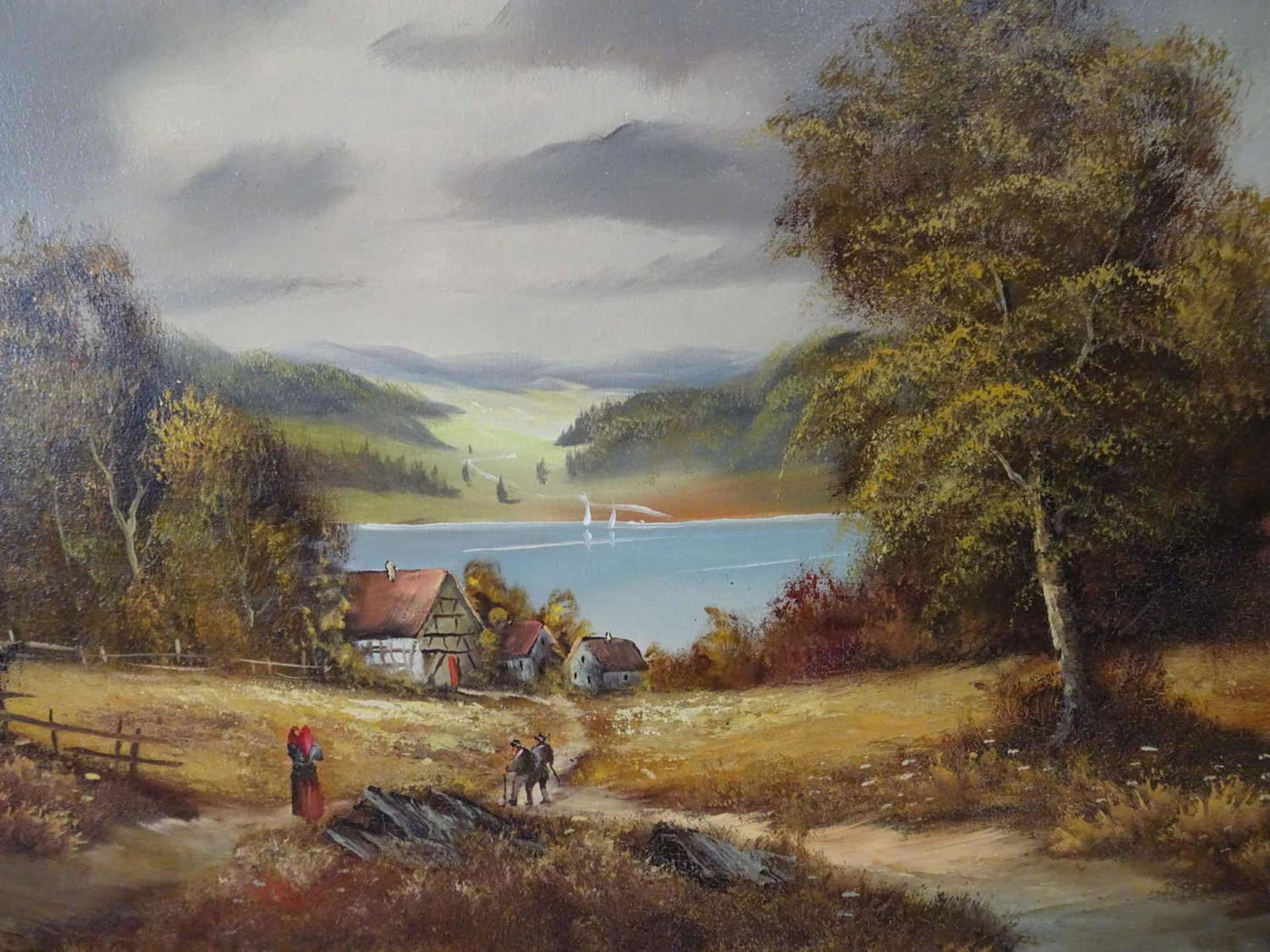 H.M, Monogramist, Ölgemälde auf Leinwand, Herbstliche Landschaft mit Personenstaffage, rechts - Bild 2 aus 2