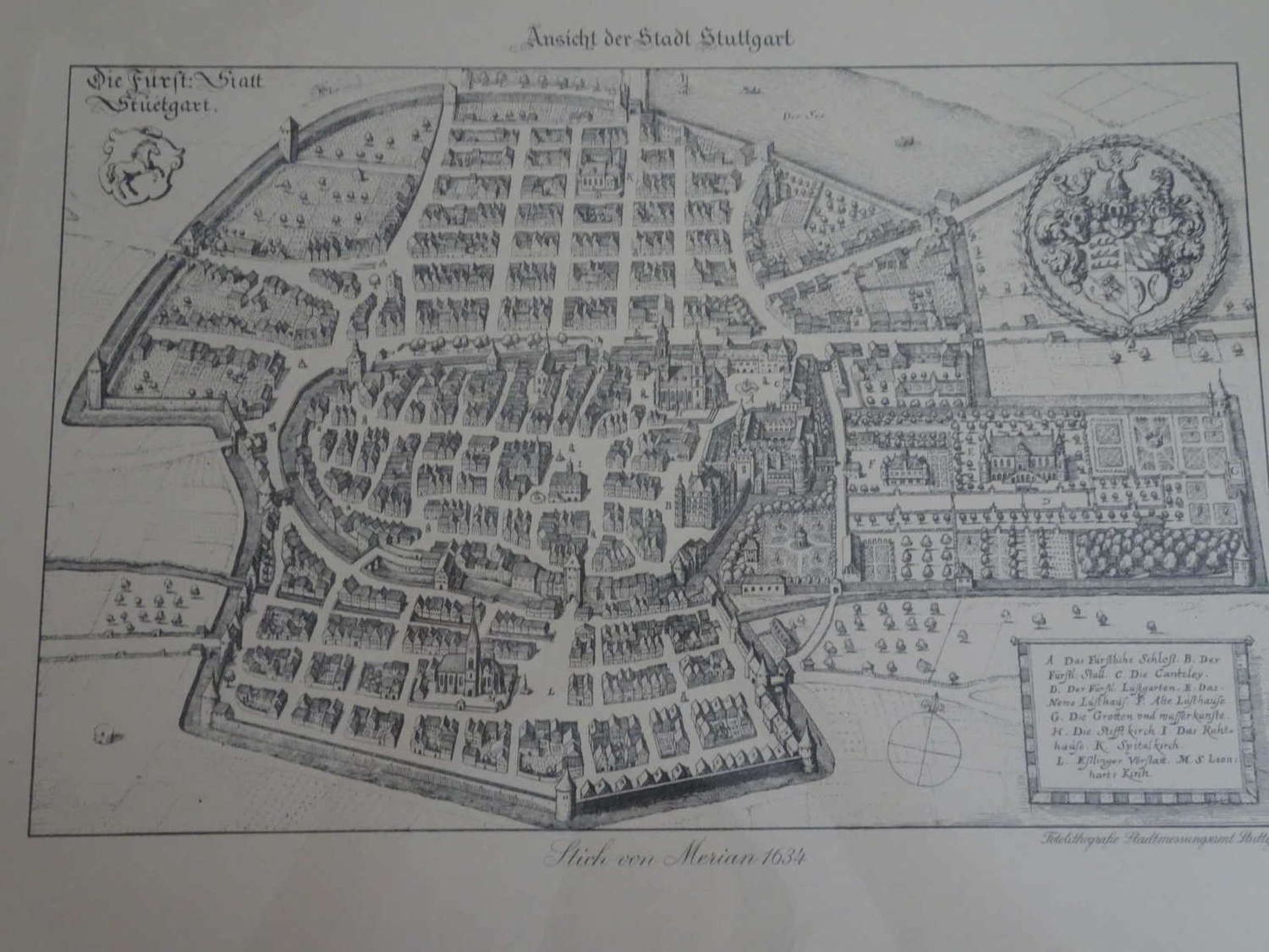 Ansicht der Stadt Stuttgart - Stich nach Merian 1634. Fotolithografie Stadtmessungsamt Stuttgart. - Image 3 of 3