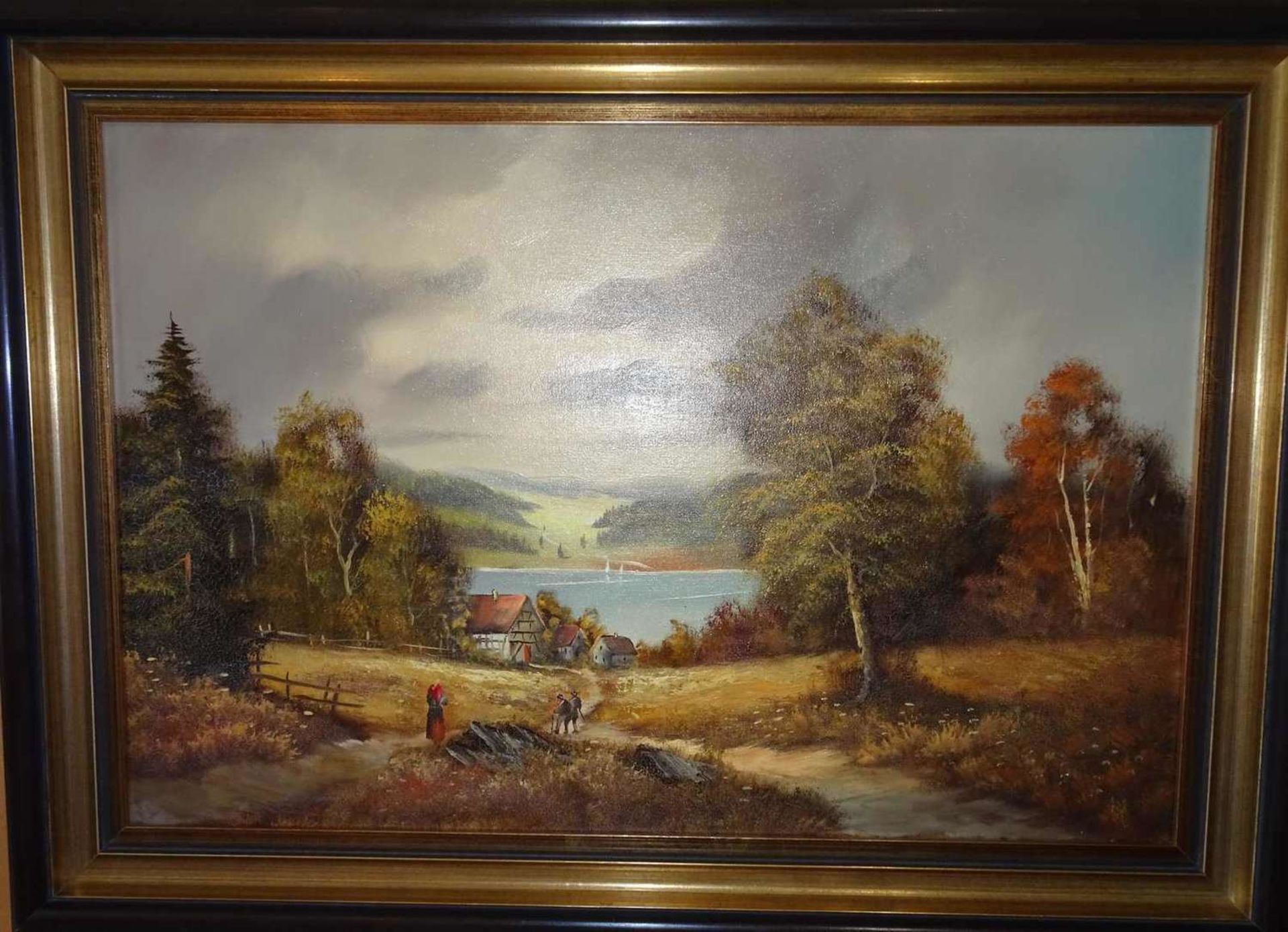 H.M, Monogramist, Ölgemälde auf Leinwand, Herbstliche Landschaft mit Personenstaffage, rechts