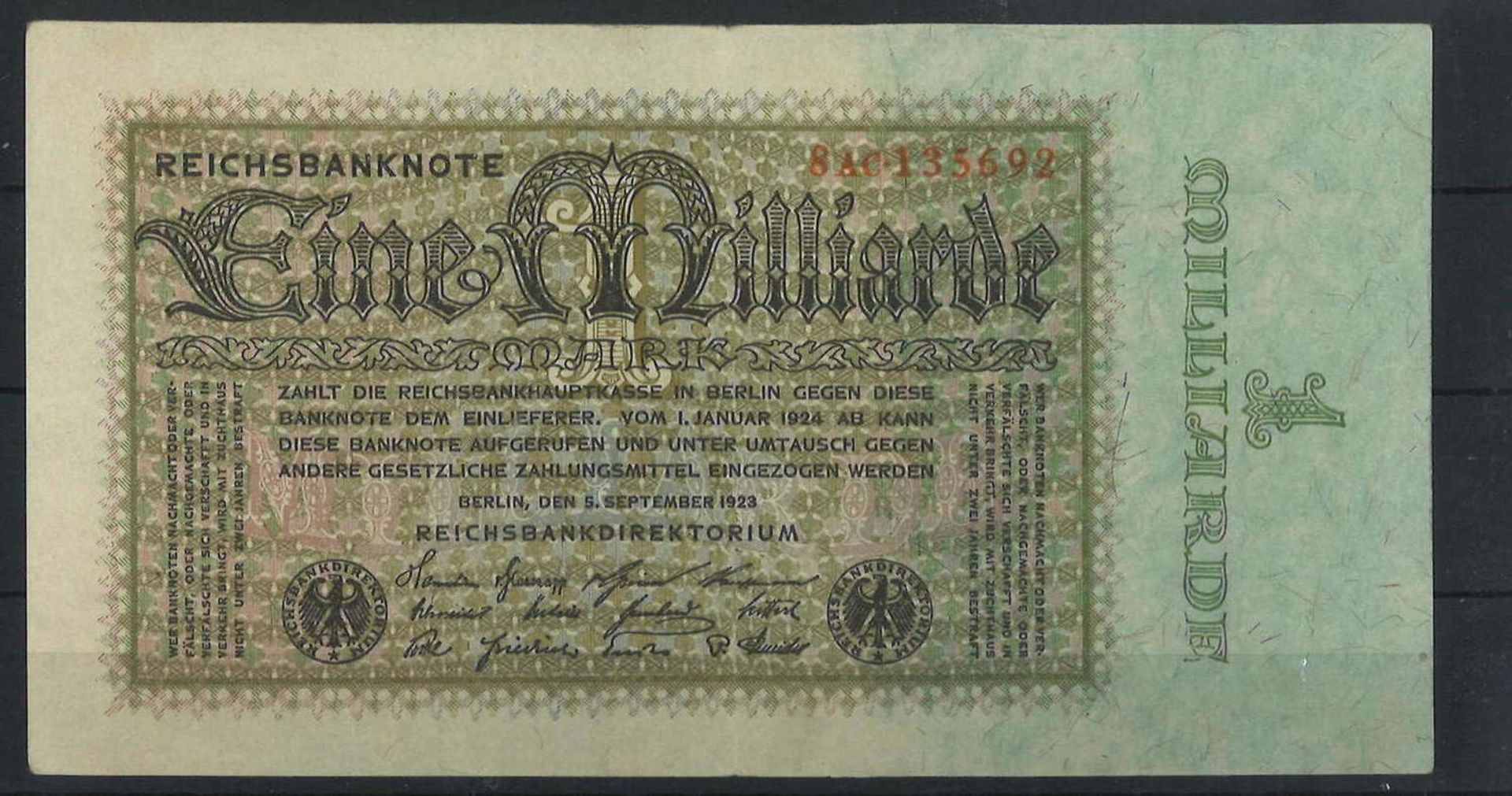 Reichsbanknote Inflation 15.12.1922, "1 Milliarde Mark". Erhaltung: gutReichsbanknote inflation