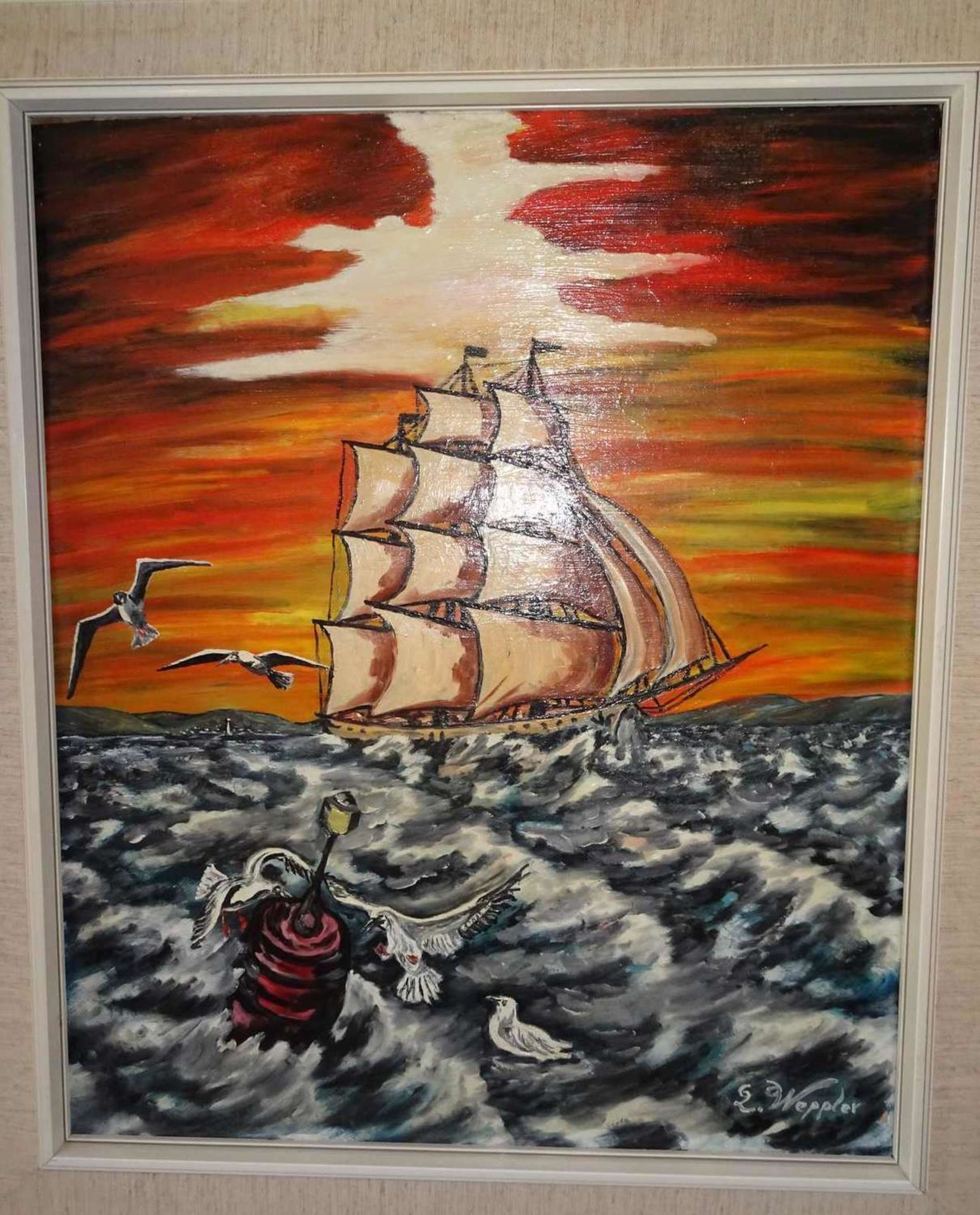 Rhonda Weppler, Ölgemälde auf Holzplatte, naive Malerei, "Segelschiff mit Boje und Möwen", rechts