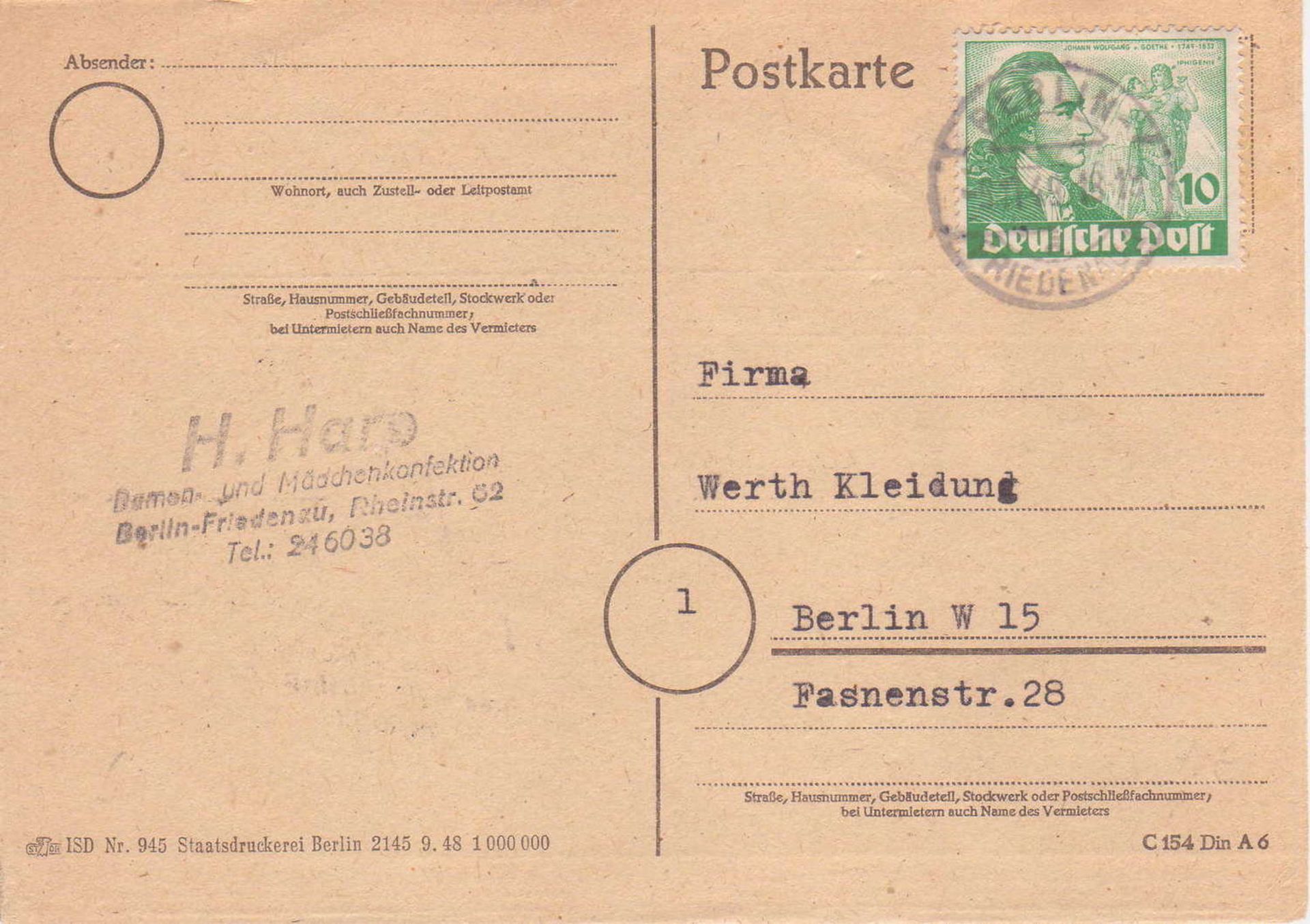 Berlin 1949, Mi. - Nr. 61 auf Postkarte, Ortskarte. Mit Berlinstempel.