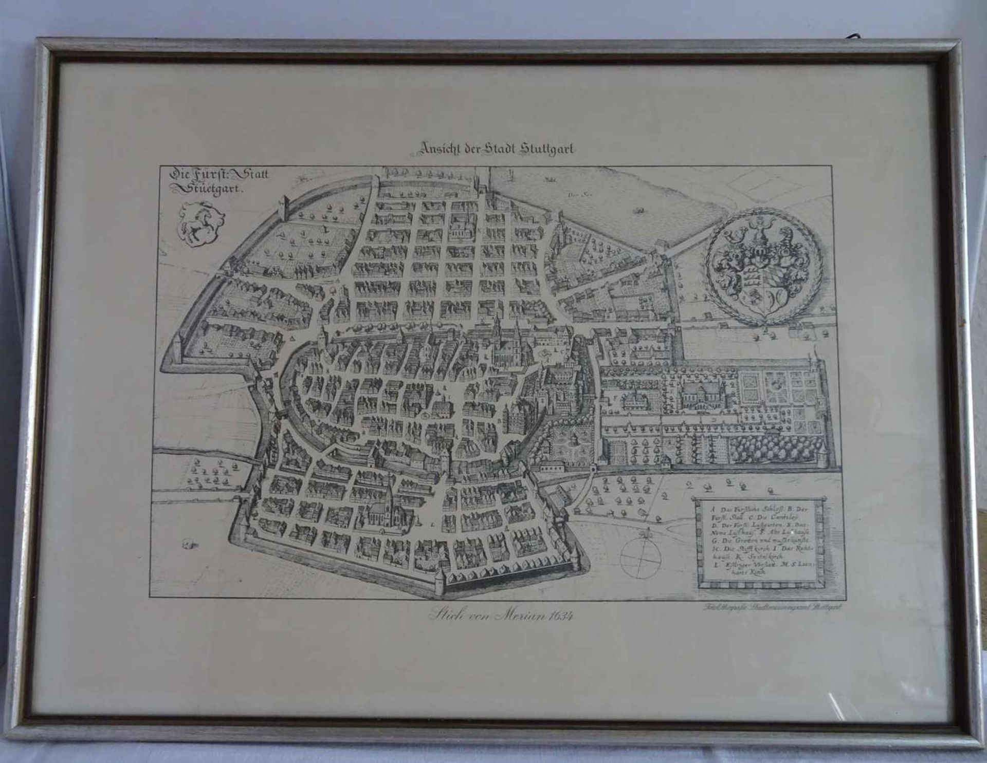 Ansicht der Stadt Stuttgart - Stich nach Merian 1634. Fotolithografie Stadtmessungsamt Stuttgart.
