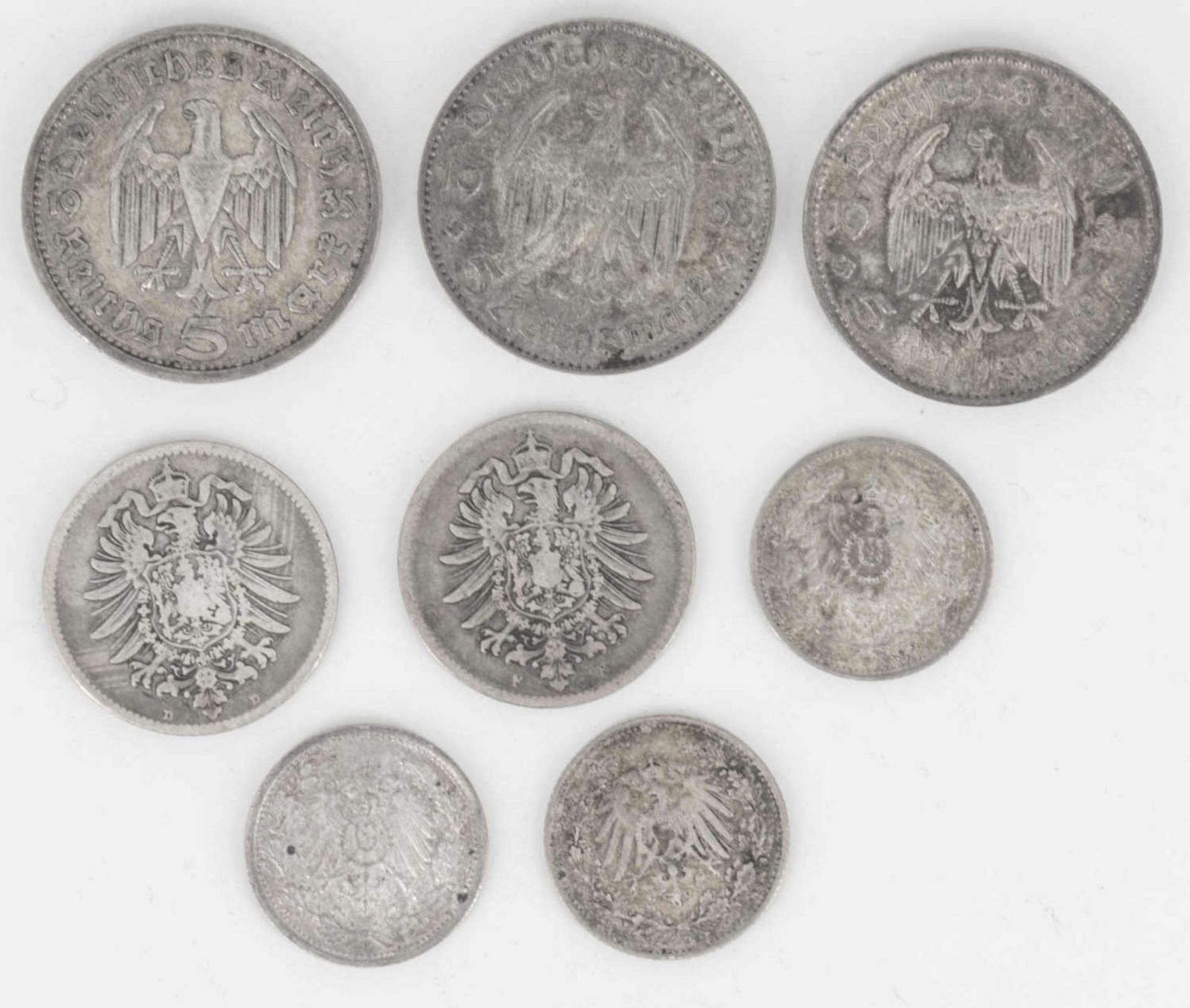Deutsches Reich 1875 / 1935, Lot Silbermünzen, bestehend aus 3 x 1/2 Mark, 2 x 1 Mark und 3 x 5 - Bild 2 aus 2