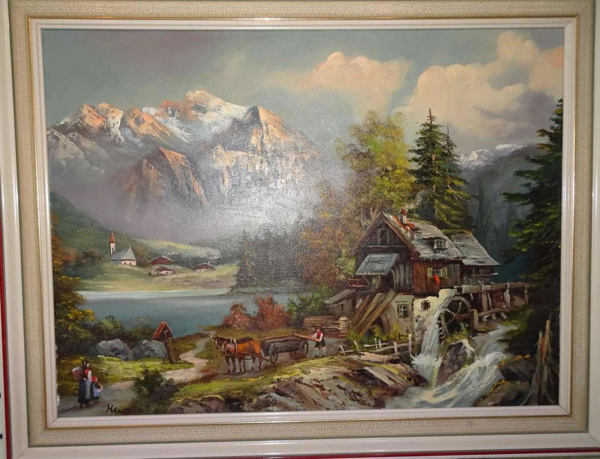 Monogrammist M.K., Ölgemälde auf Leinwand, Mühle mit Sägewerk in Voralpenlandschaft, links unten