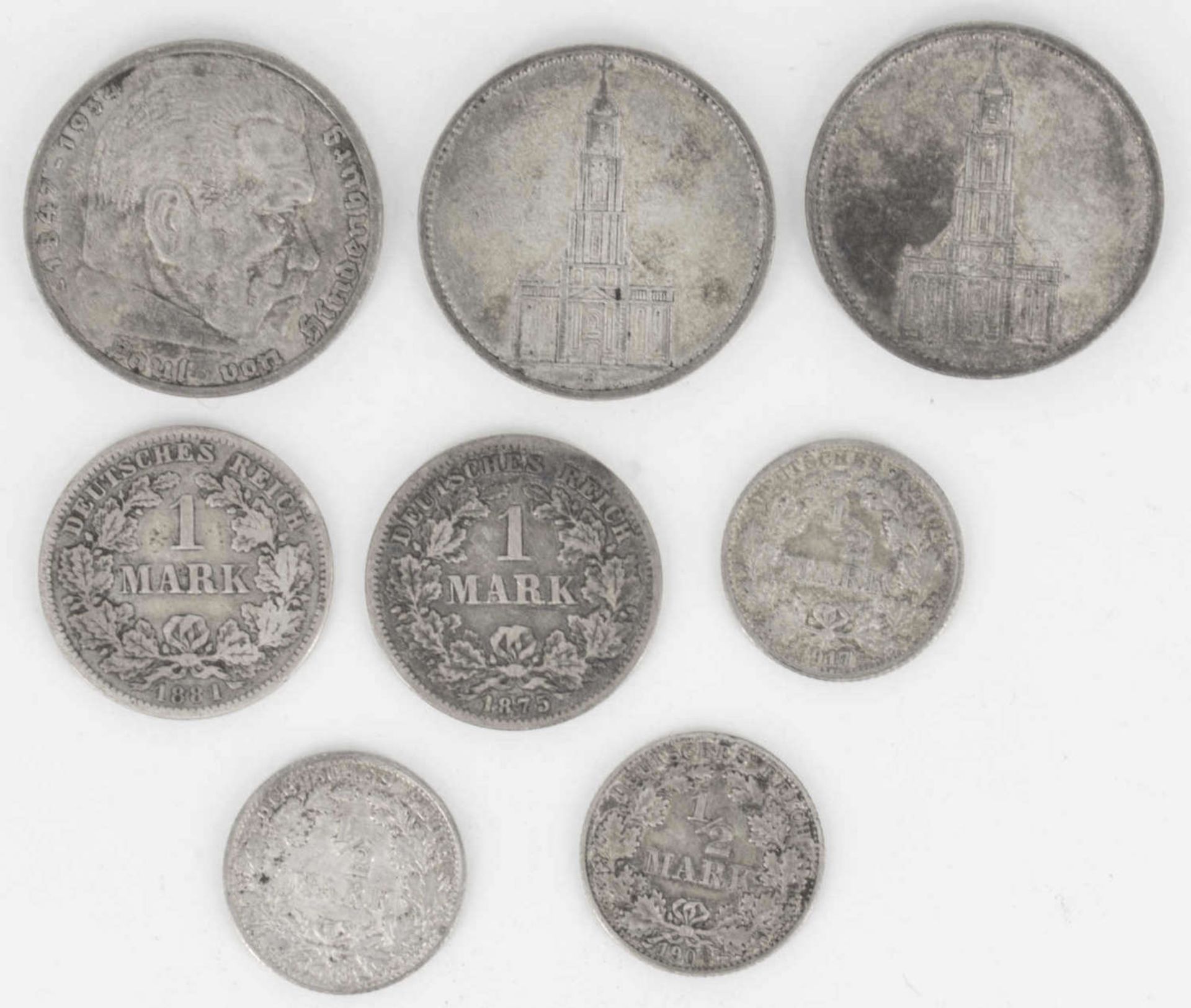 Deutsches Reich 1875 / 1935, Lot Silbermünzen, bestehend aus 3 x 1/2 Mark, 2 x 1 Mark und 3 x 5