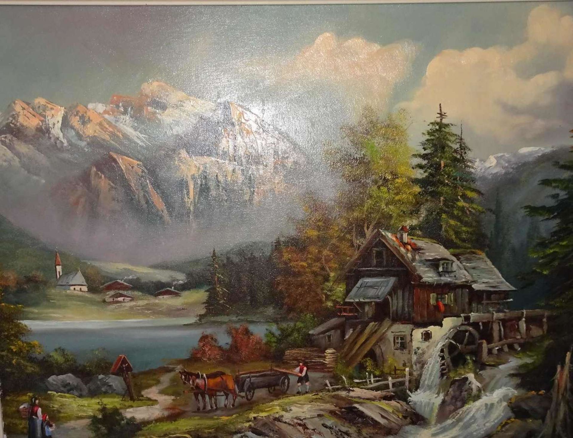 Monogrammist M.K., Ölgemälde auf Leinwand, Mühle mit Sägewerk in Voralpenlandschaft, links unten - Bild 2 aus 3