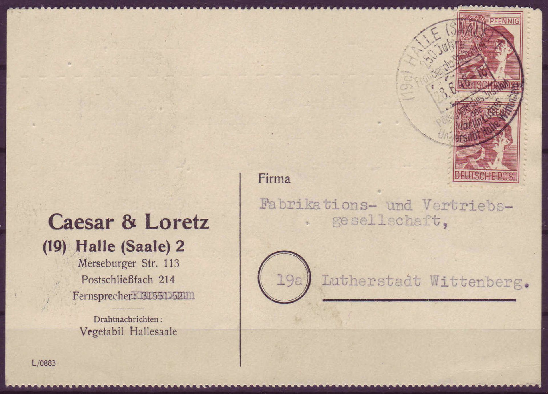 SBZ 1948, Mi. - Nr. 956 als MeF auf Postkarte.SBZ 1948, Michel - No. 956 as multiple franking on