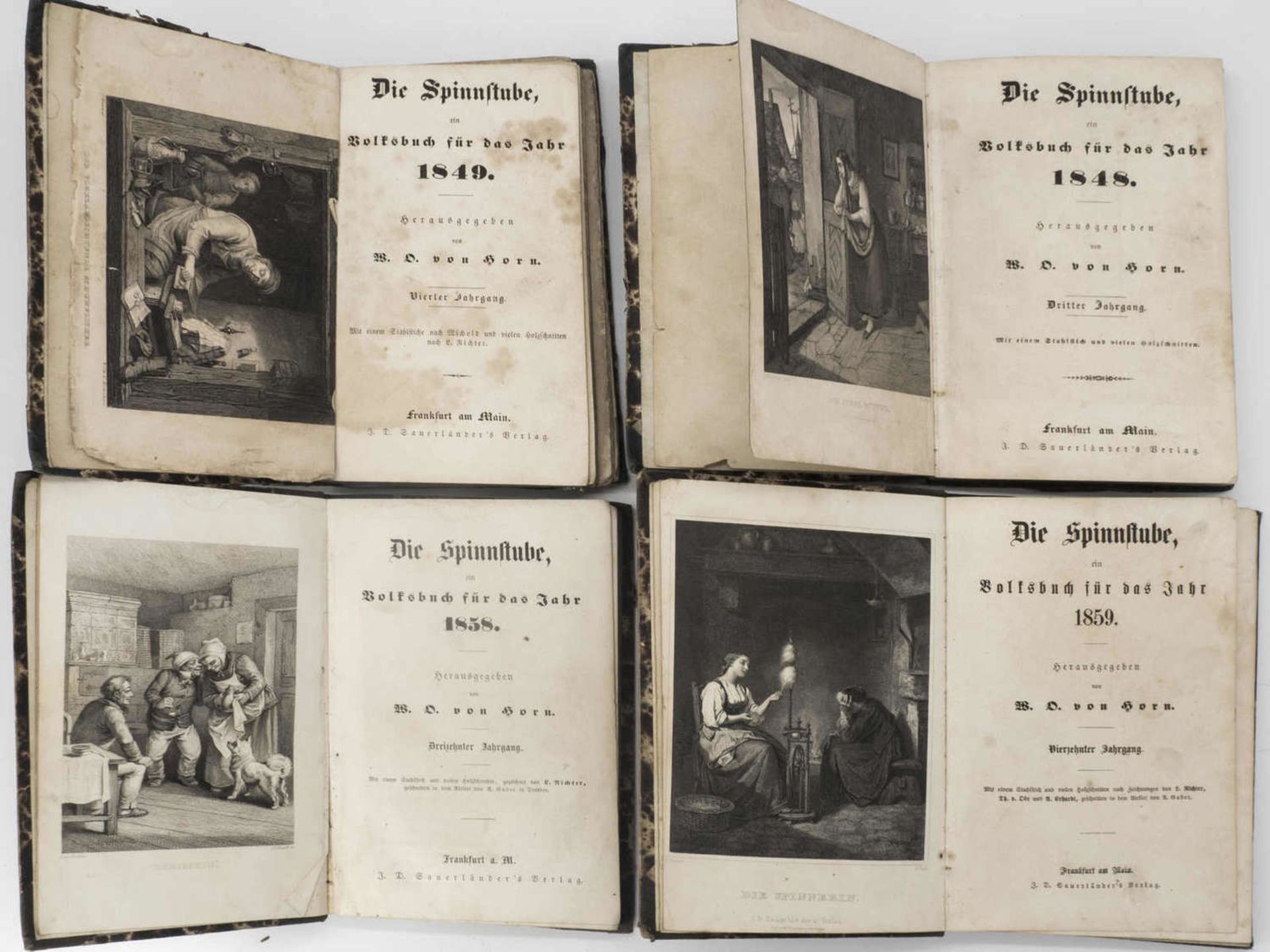 Vier Bücher "Die Spinnstube, ein Volksbuch für das Jahr 1948", "...1849", "...1858", "...1859".