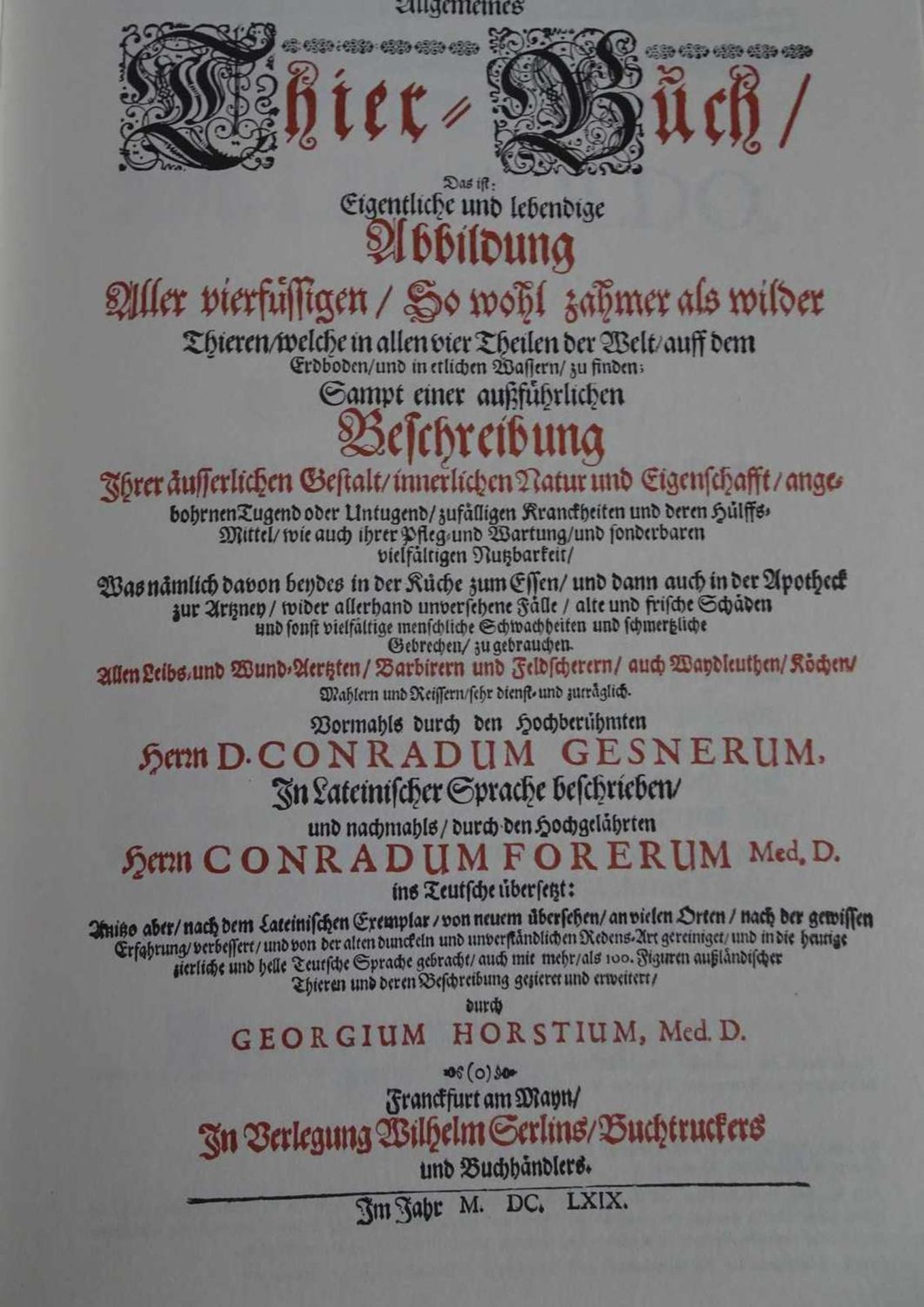 Conrad Gesner, Thier Buch, Nachdruck der Ausgabe von 1669. Sehr guter Zustand. - Bild 2 aus 2