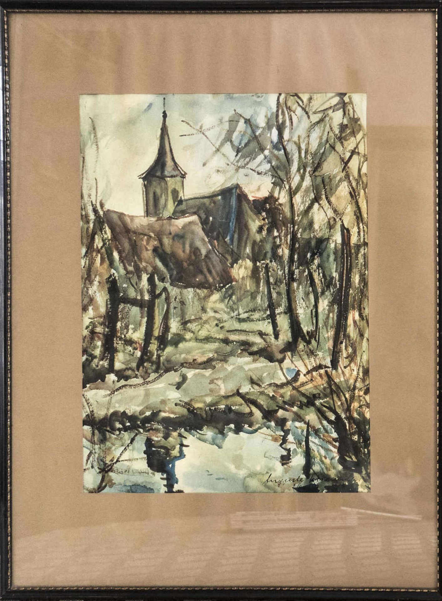 Drei - Farbendruck nach einem Aquarell von A. Reismüller. Motiv aus Heiligenstein. Hinter Glas