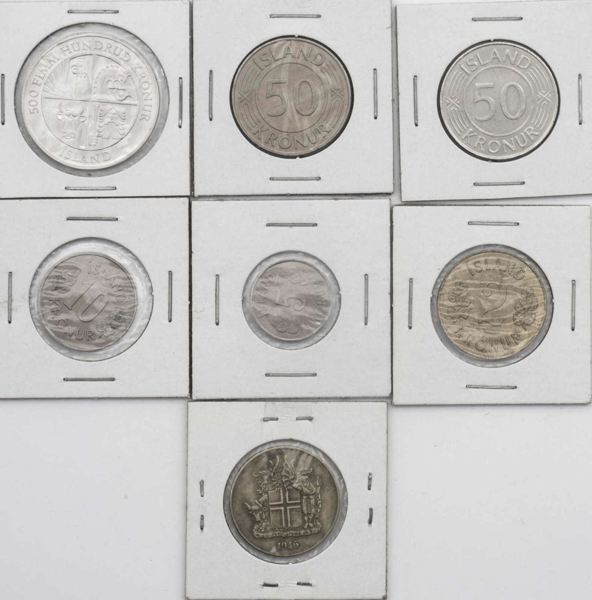 Island 1946/74, Lot Umlaufmünzen, dabei 1974 500 Kronur "1100 Jahre Island". Qualität: VZ. - Bild 2 aus 2
