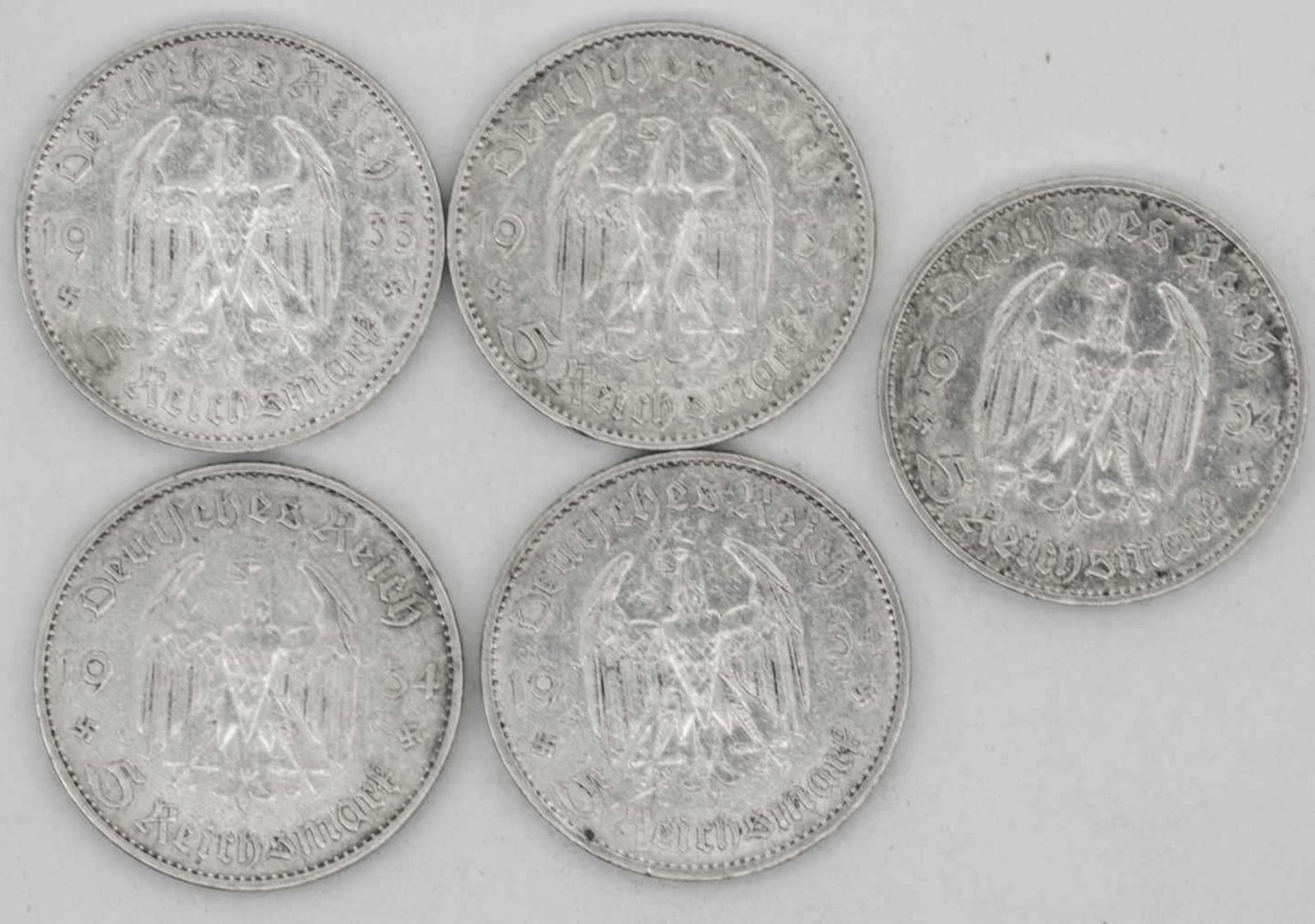 Deutschland 1934/35 A, F, Lot 5.- Reichsmark - Silbermünzen "Garnisonskirche". Qualität: ss. - Bild 2 aus 2