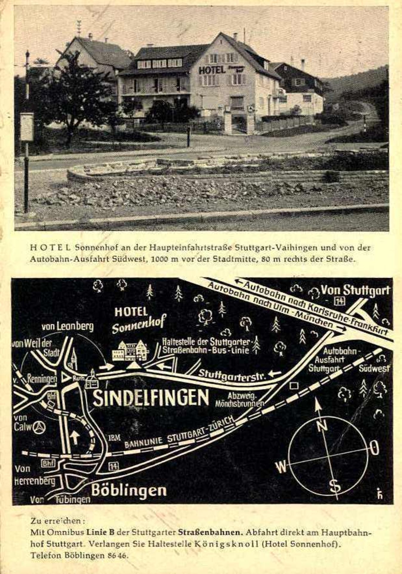 Ansichtskarte, "Hotel Sonnenhof Werbekarte", mit Wegbeschreibung, gelaufen