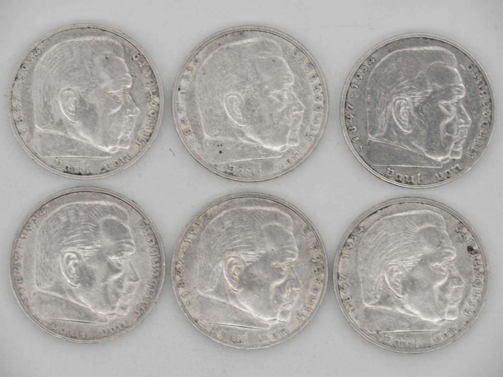 Deutschland 1936 A, D, J, Lot 5.- Reichsmark - Silbermünzen "Hindenburg". Qualität: ss. - Bild 2 aus 2