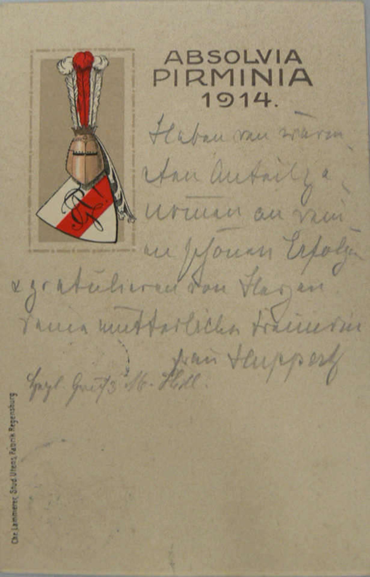 Studentika Burschenschaftkarte, Absolvia Pirminia 1914 Regensburg, gelaufen