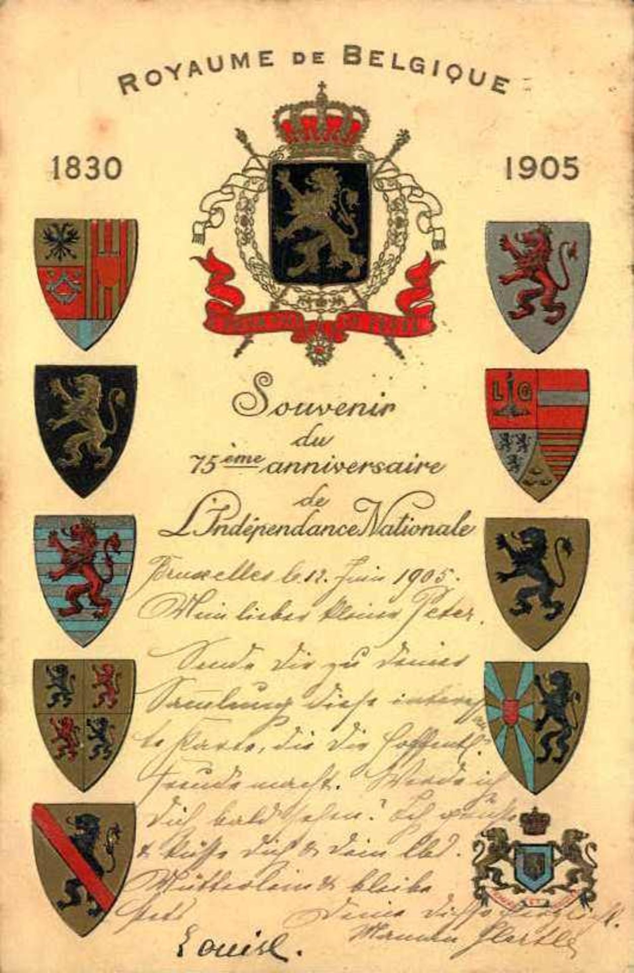 Ansichtskarte, "Royaume de Belgique 1830 - 1905", Prägepostkarte, gelaufen