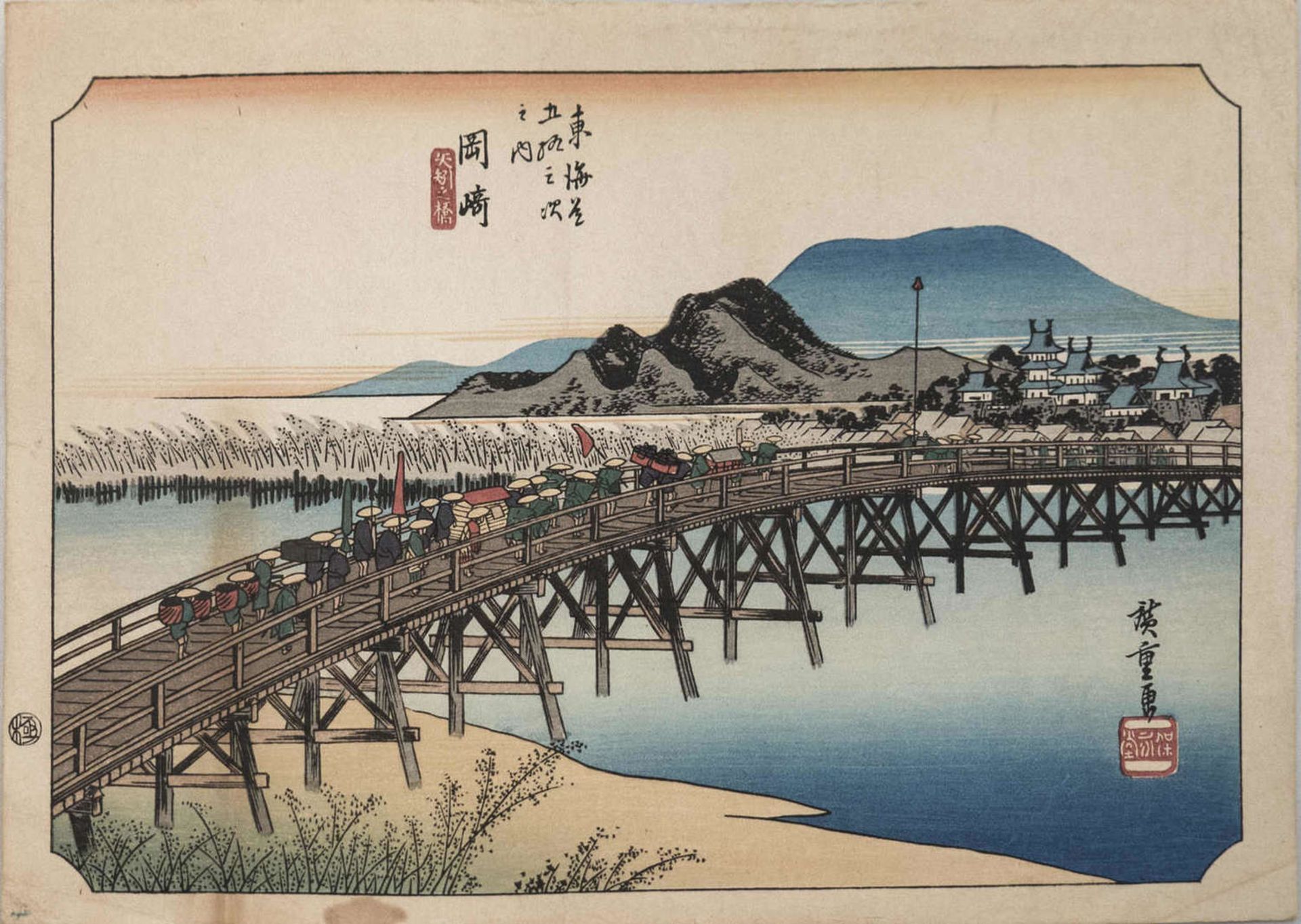 Chinesische Tuschezeichnung "Brücke über Fluss", Blütenpapier, mehrfache Künstler - Stempel.