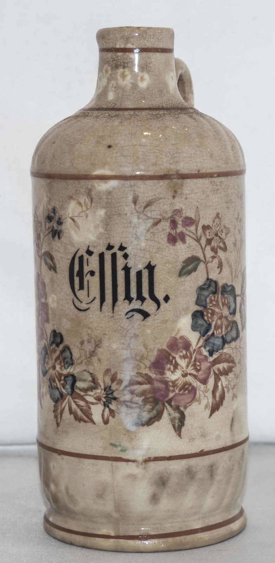 Alte Vorratsflasche "Essig", ca. 1900, Steinzeug, Chip am Ausguss. Höhe: ca. 20 cm.