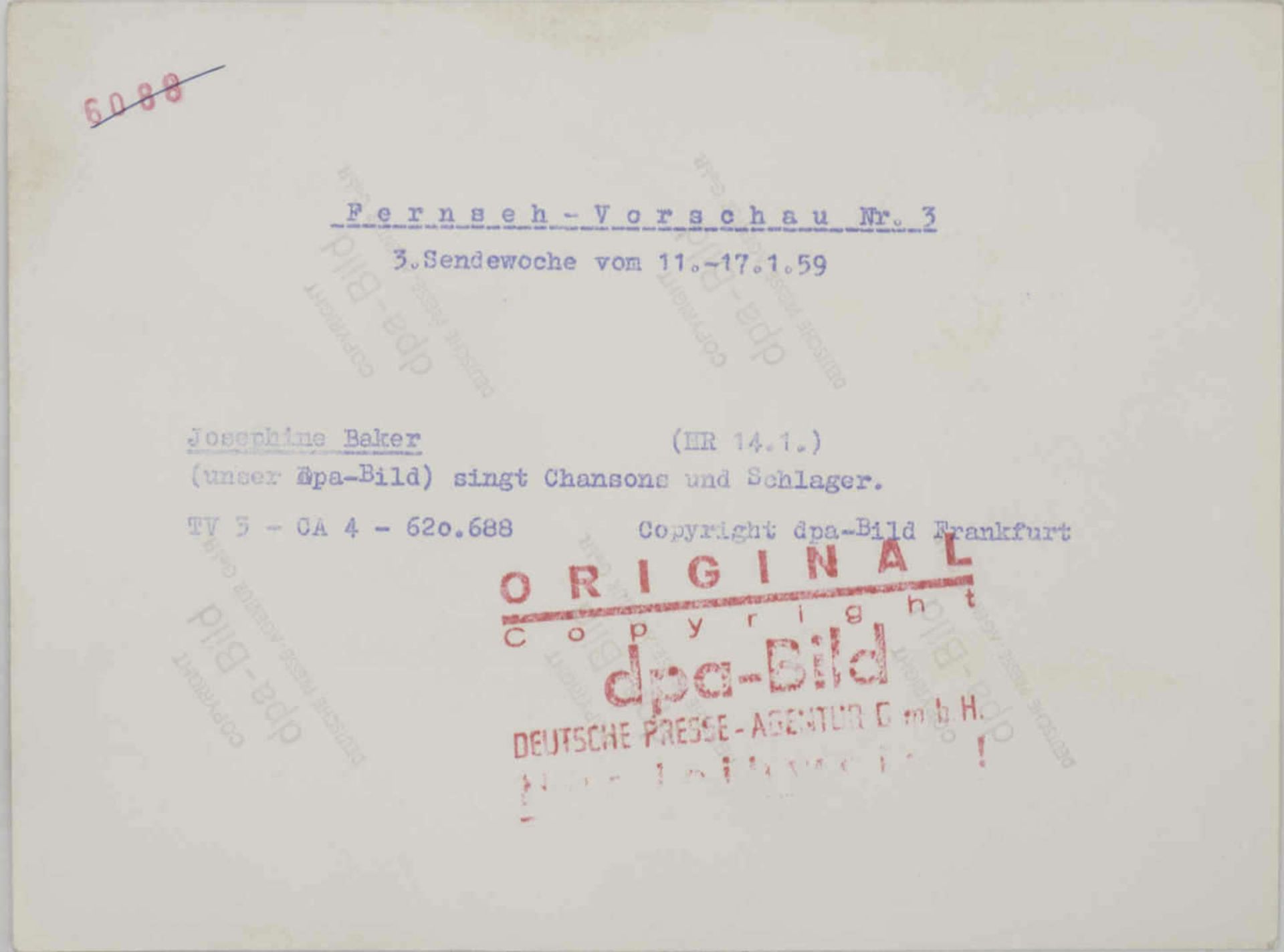Presse - Foto "Josephine Baker". 1959. Original DPA - Bild. Maße: ca. 21 cm x ca. 16 cm. - Bild 2 aus 2