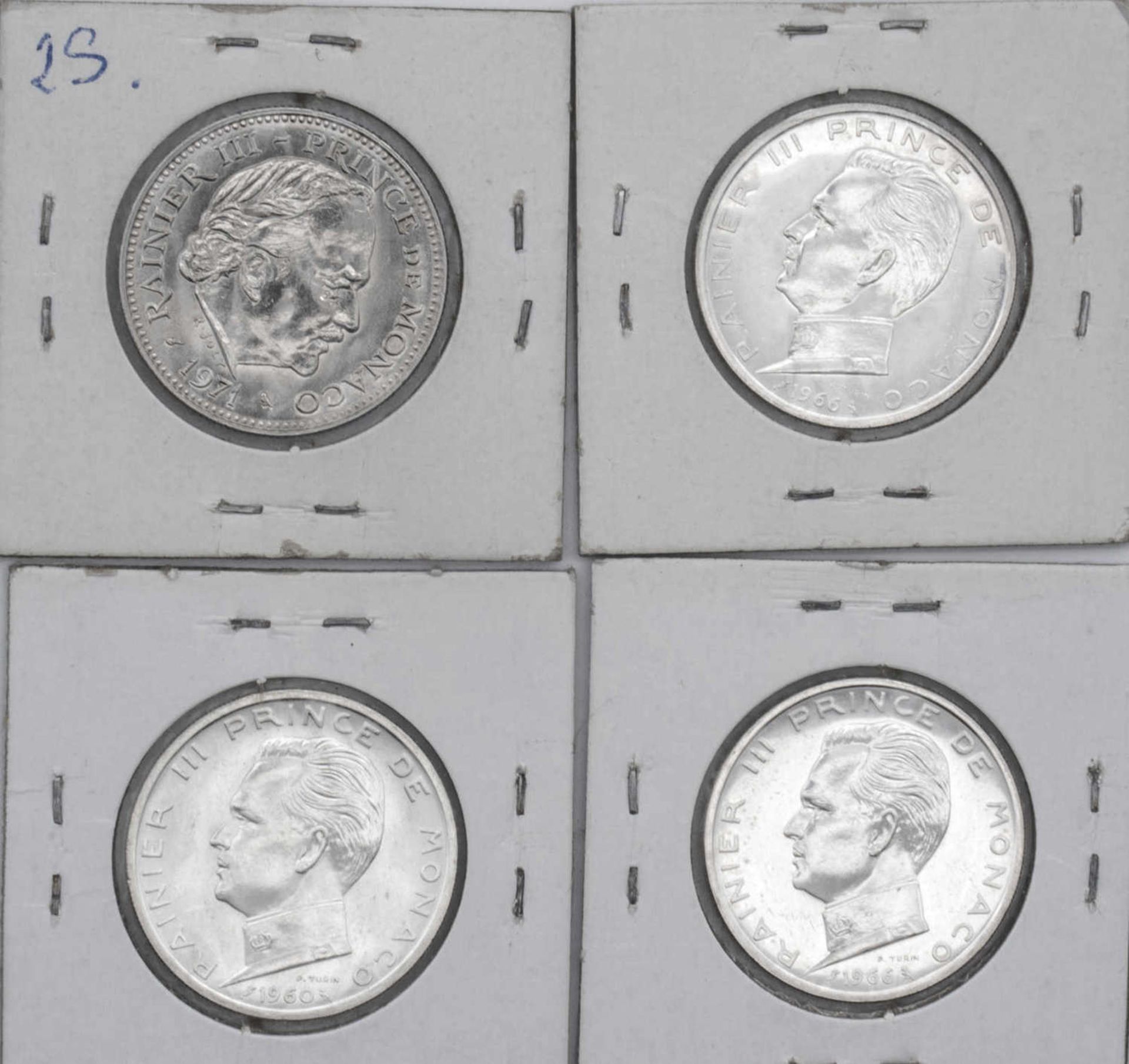 Monaco 1960/71, Lot 5.-Francs - Münzen, bestehend aus 1960, Silber, 2 x 1966, Silber und 1971 Cu/Ni.