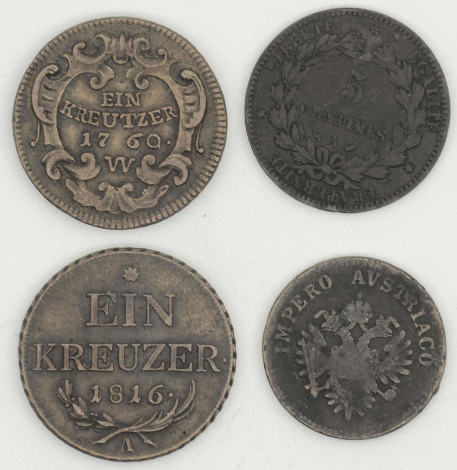 Österreich 1760 / 1852, 2 x ein Kreuzer 1760, Maria Theresia und 1816. Dazu 1852 5 Centesimi und - Bild 2 aus 2