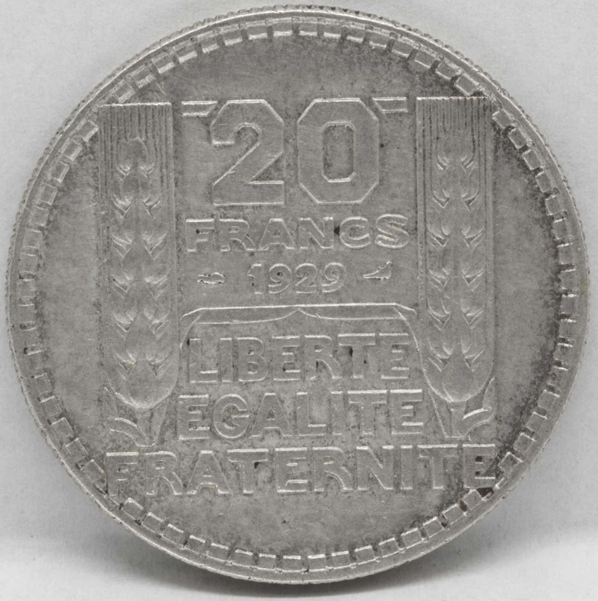 Frankreich 1929, 20.- Francs - Silbermünze von p. Turin. Qualität: ss. - Bild 2 aus 2