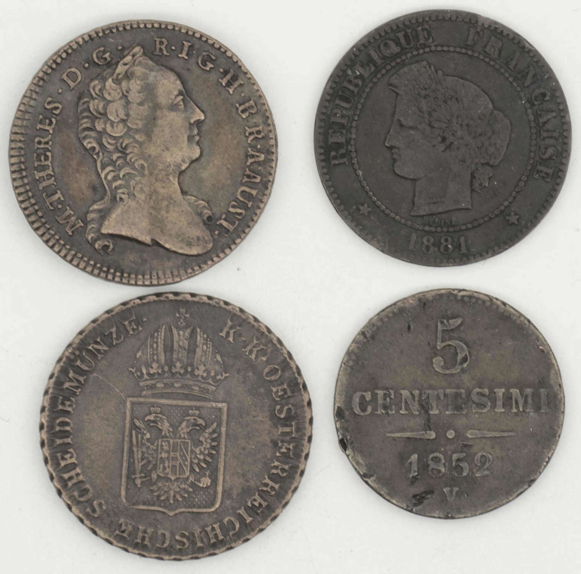 Österreich 1760 / 1852, 2 x ein Kreuzer 1760, Maria Theresia und 1816. Dazu 1852 5 Centesimi und