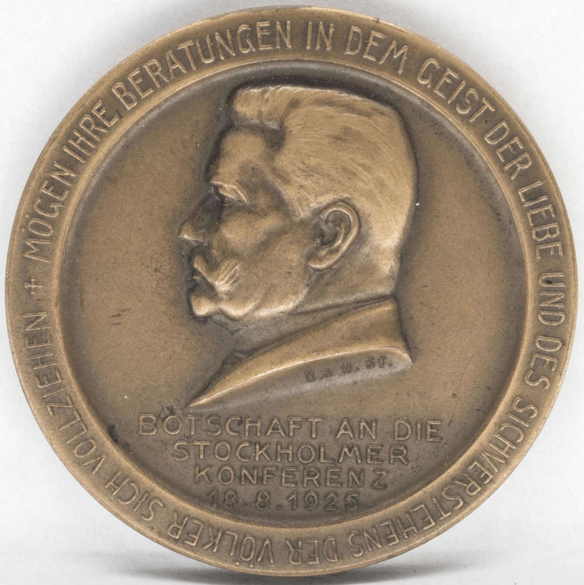 Bronze Medaille 1925, Auf seine Botschaft an die Stockholmer Konferenz 18.8.1925. AV. Brustbild