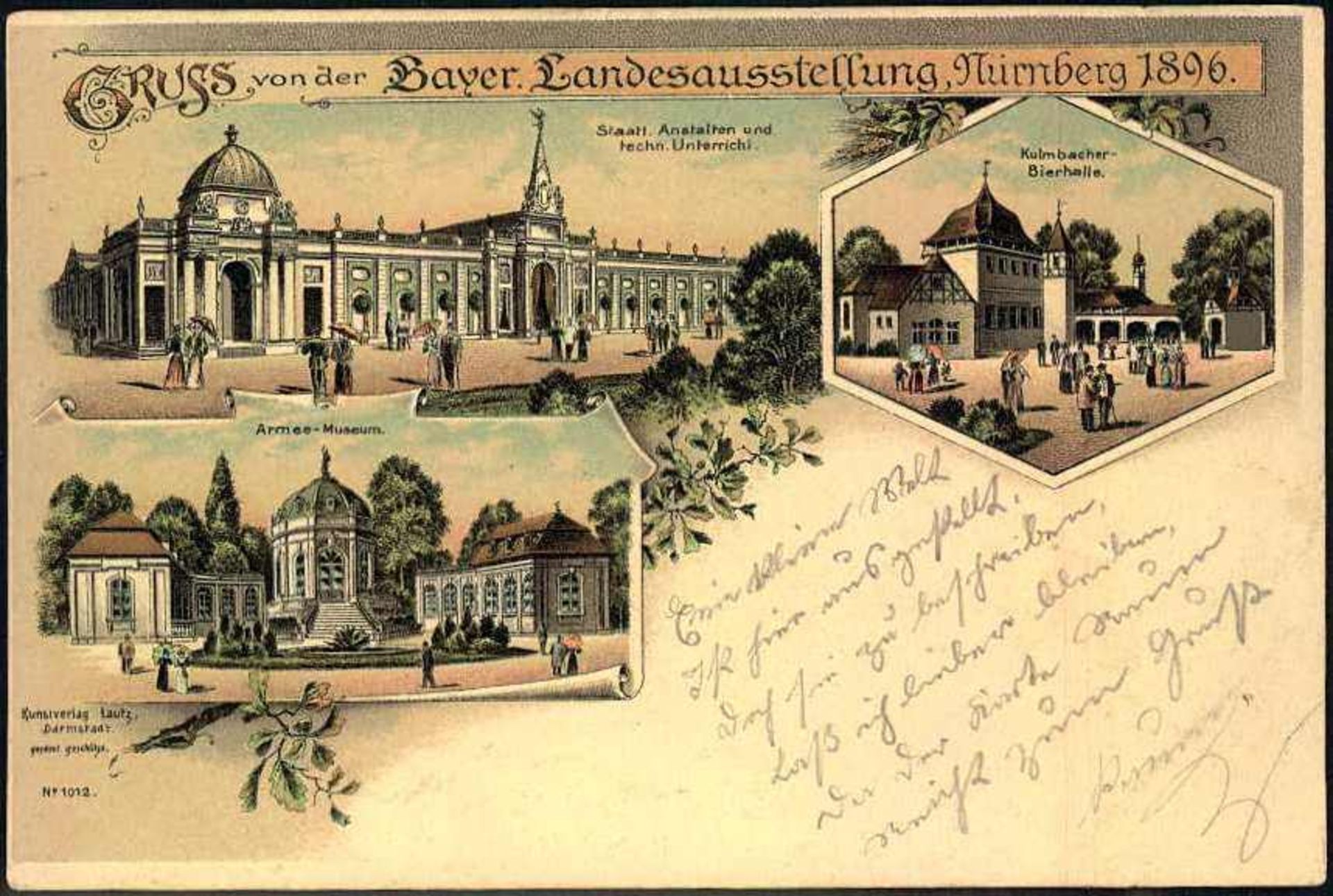 Ansichtskarte, "Gruss von der bayer. Landesausstellung, Nürnberg 1896", Teilansichten, beschrieben