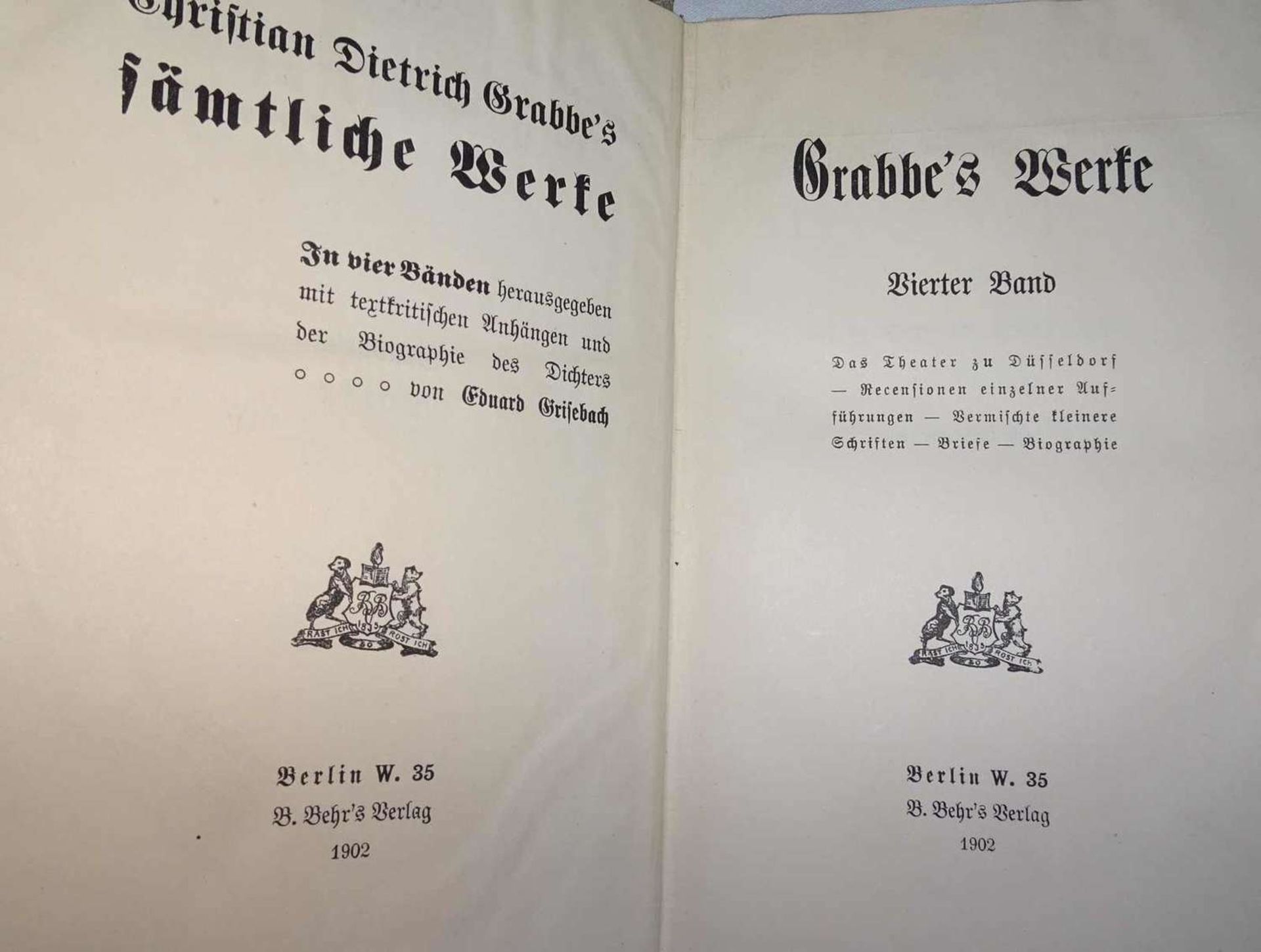 Christian Dietrich Grabbe´s sämtliche Werke, in 4 Bändern herausgegeben. Berlin, Behr´s Verlag 1902. - Bild 2 aus 2