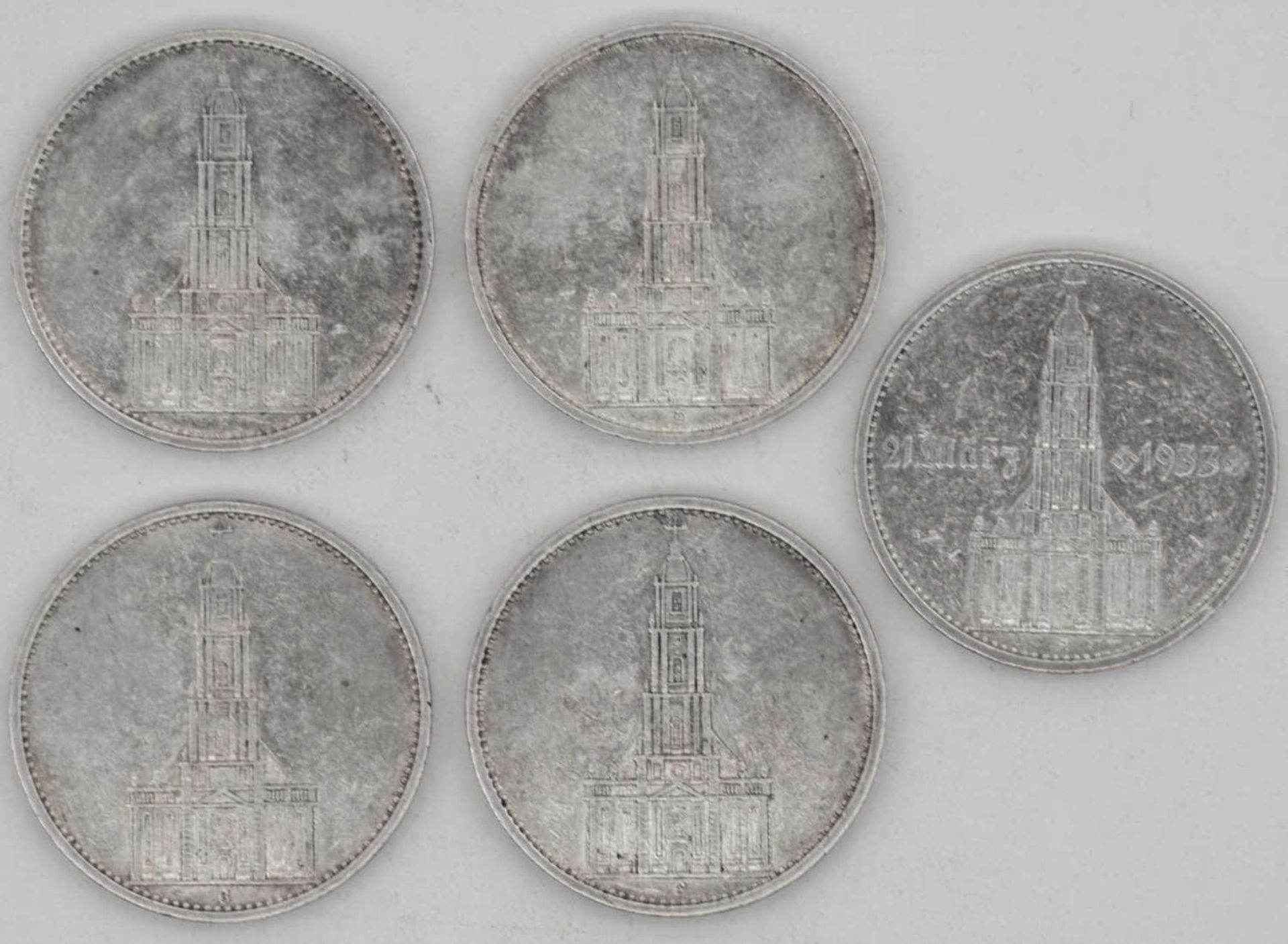 Deutschland 1934 A, D, E, F, G, Lot 5.- Reichsmark - Silbermünzen "Garnisonskirche". Qualität: ss.
