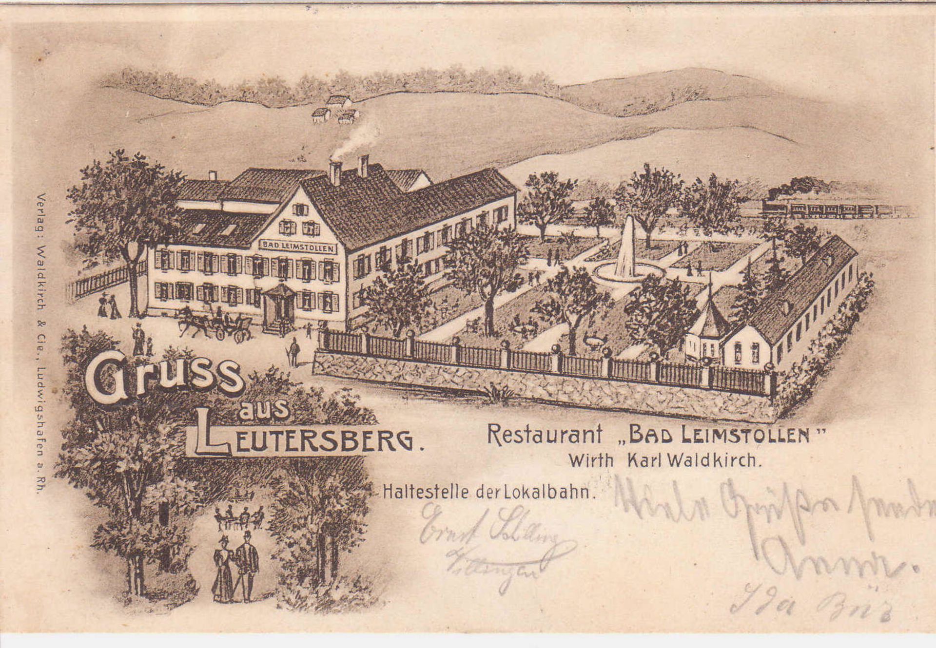 Ansichtskarte "Gruss aus Leutersberg - Restaurant Bad Leimstollen - Wirth Karl Waldkirch". 1905.