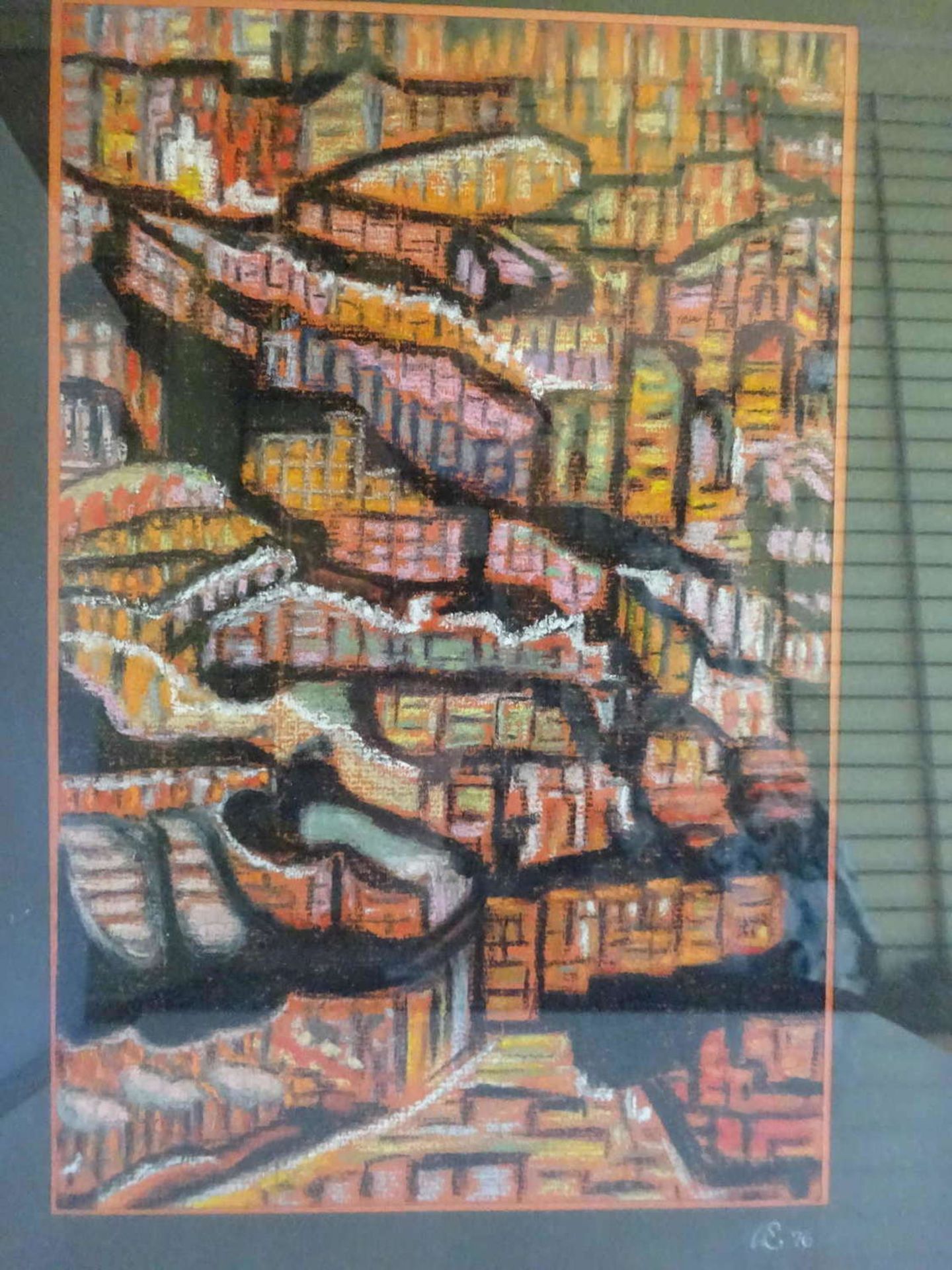 Erna Allmang, Eisenberg, Kreide auf Papier, moderne Komposition. Hinter Glas gerahmt, rechts unten - Bild 2 aus 2