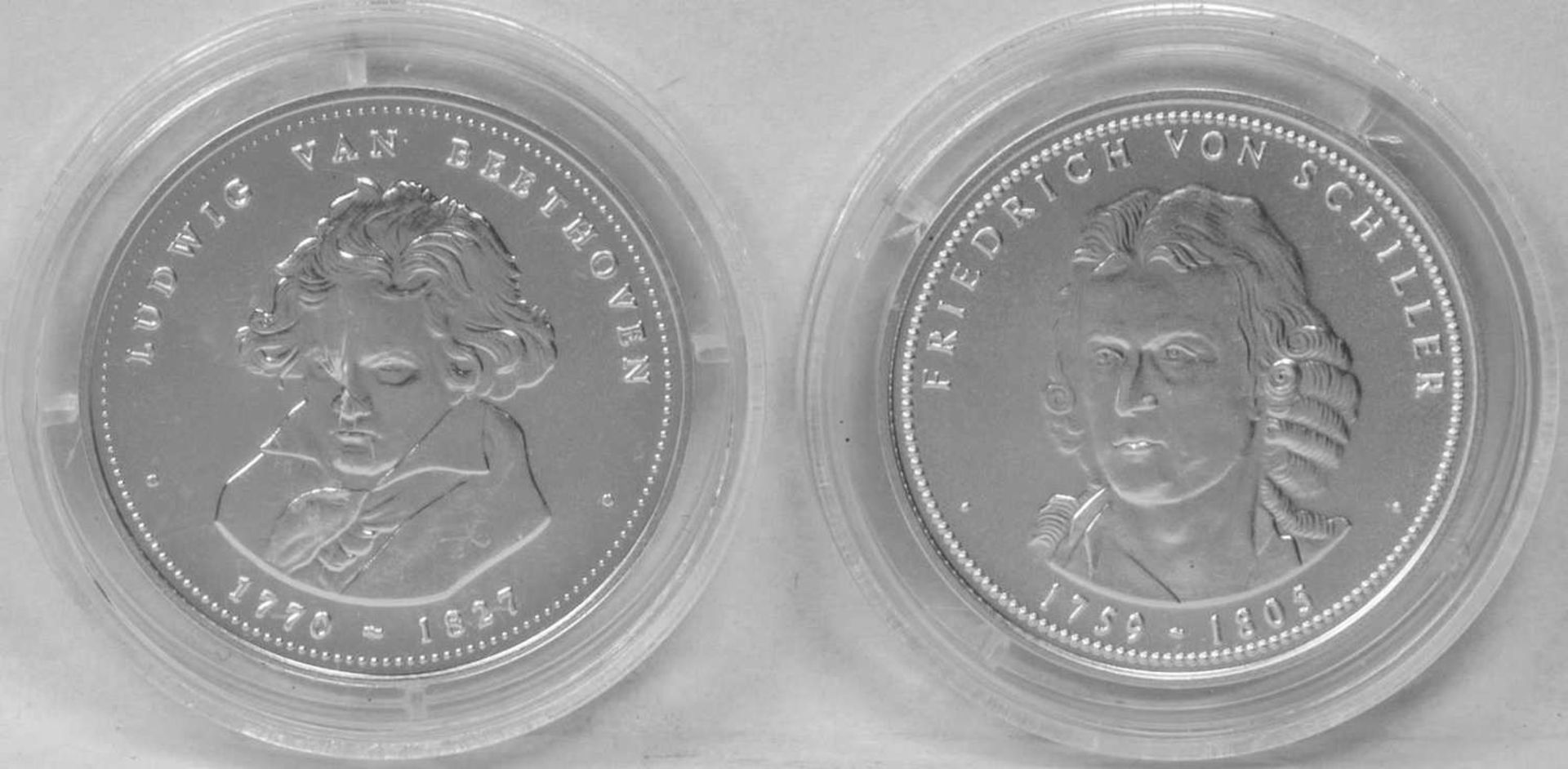 Deutschland 1996, zwei Silber - Medaillen: "Schiller" und "Beethoven". Gewicht: je ca. 10,1 g.